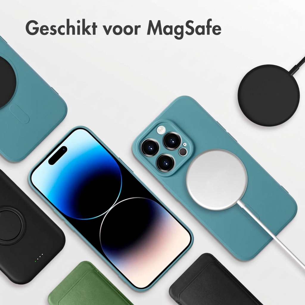 Telefoonhoesjes en MagSafe opladers. Blauwe, zwarte en groene hoesjes getoond.