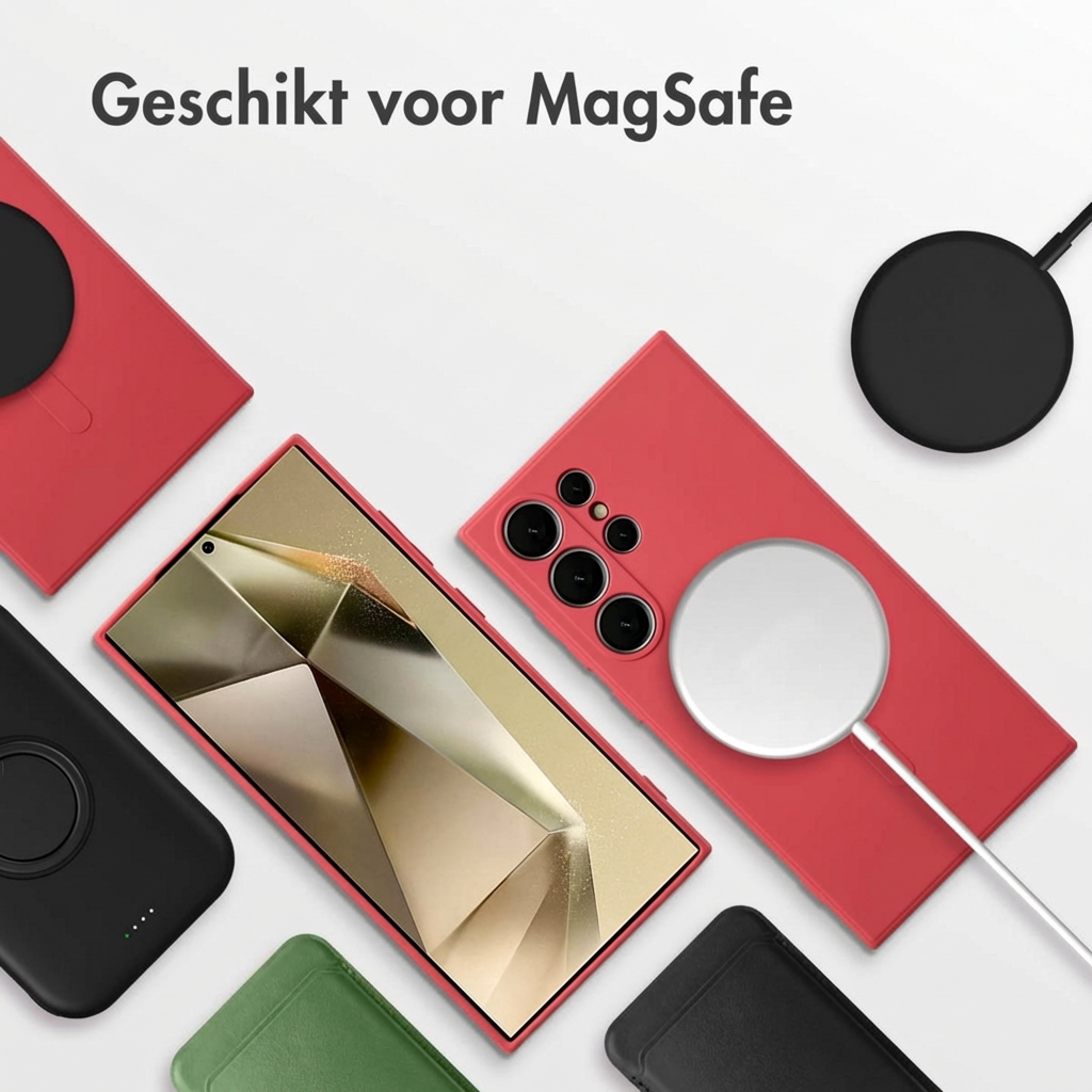 Coques de téléphone rouges et noires avec chargeurs MagSafe et un smartphone.