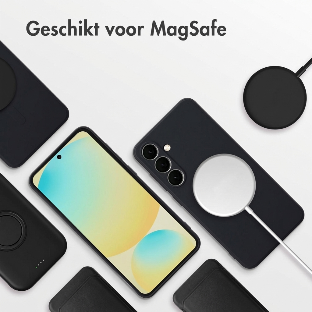 Donkerblauwe smartphone met MagSafe-oplader en hoesjes op witte achtergrond.