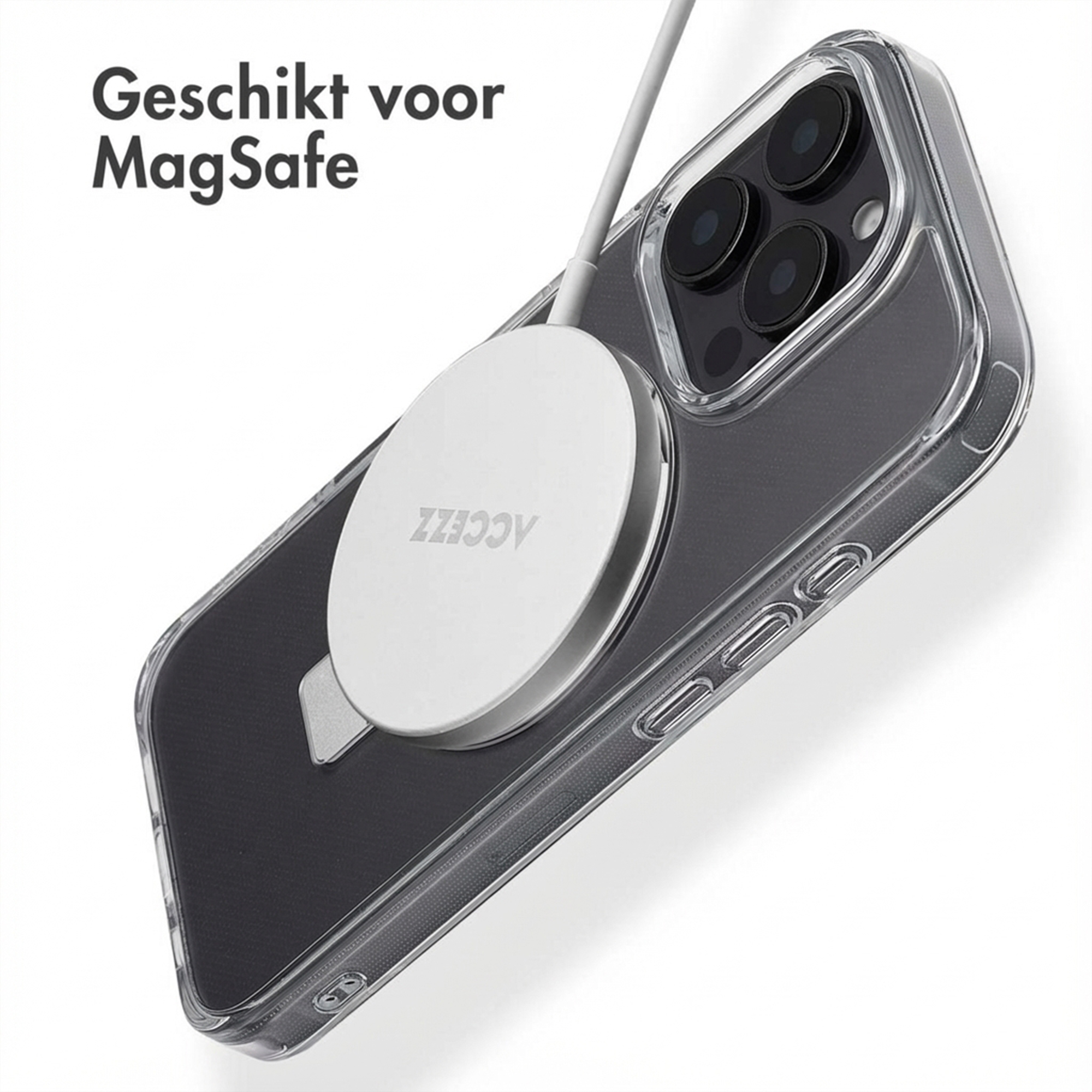 Een iPhone met een MagSafe-oplader bevestigd aan de achterkant.