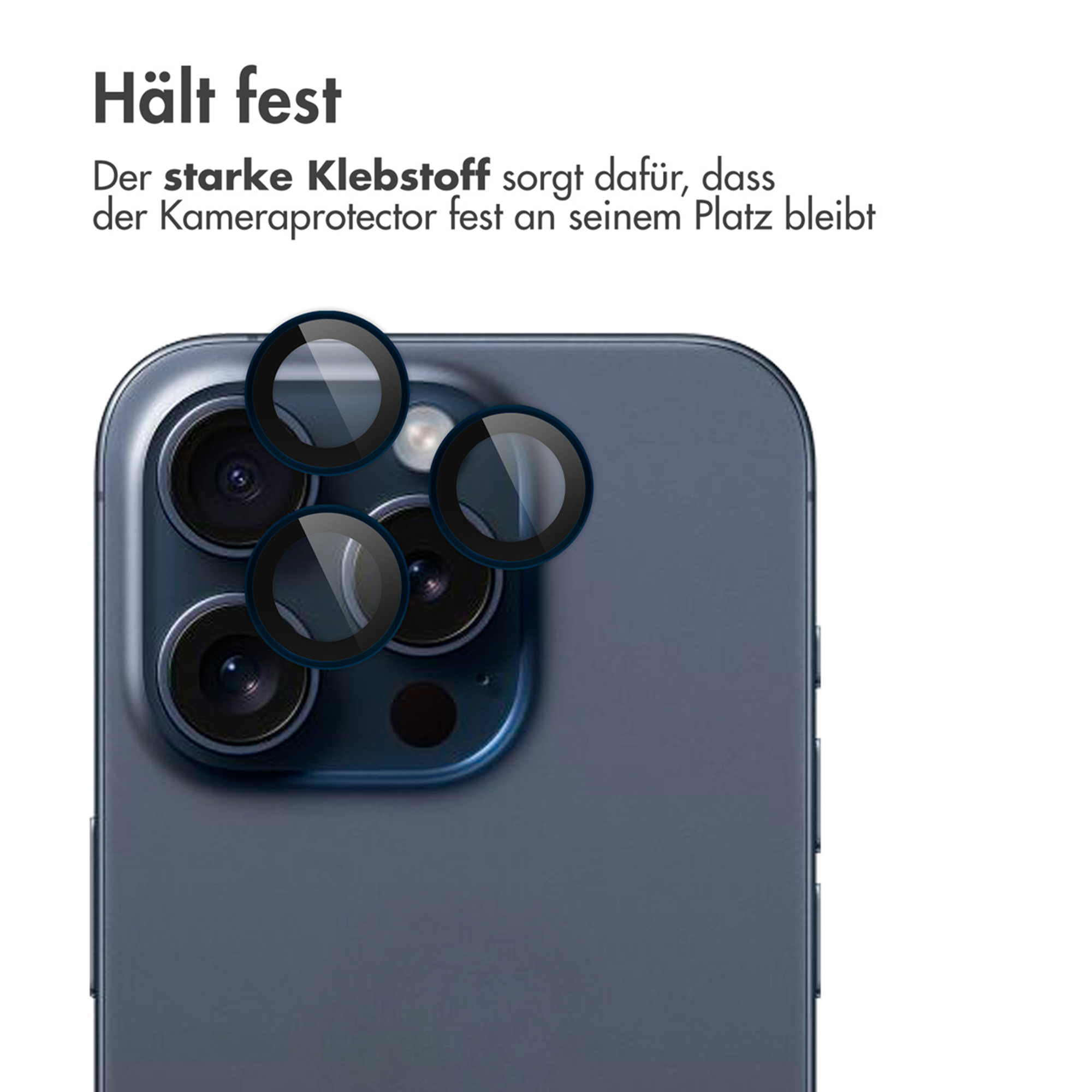 Trois protecteurs d'appareil photo ronds sur un smartphone bleu foncé.