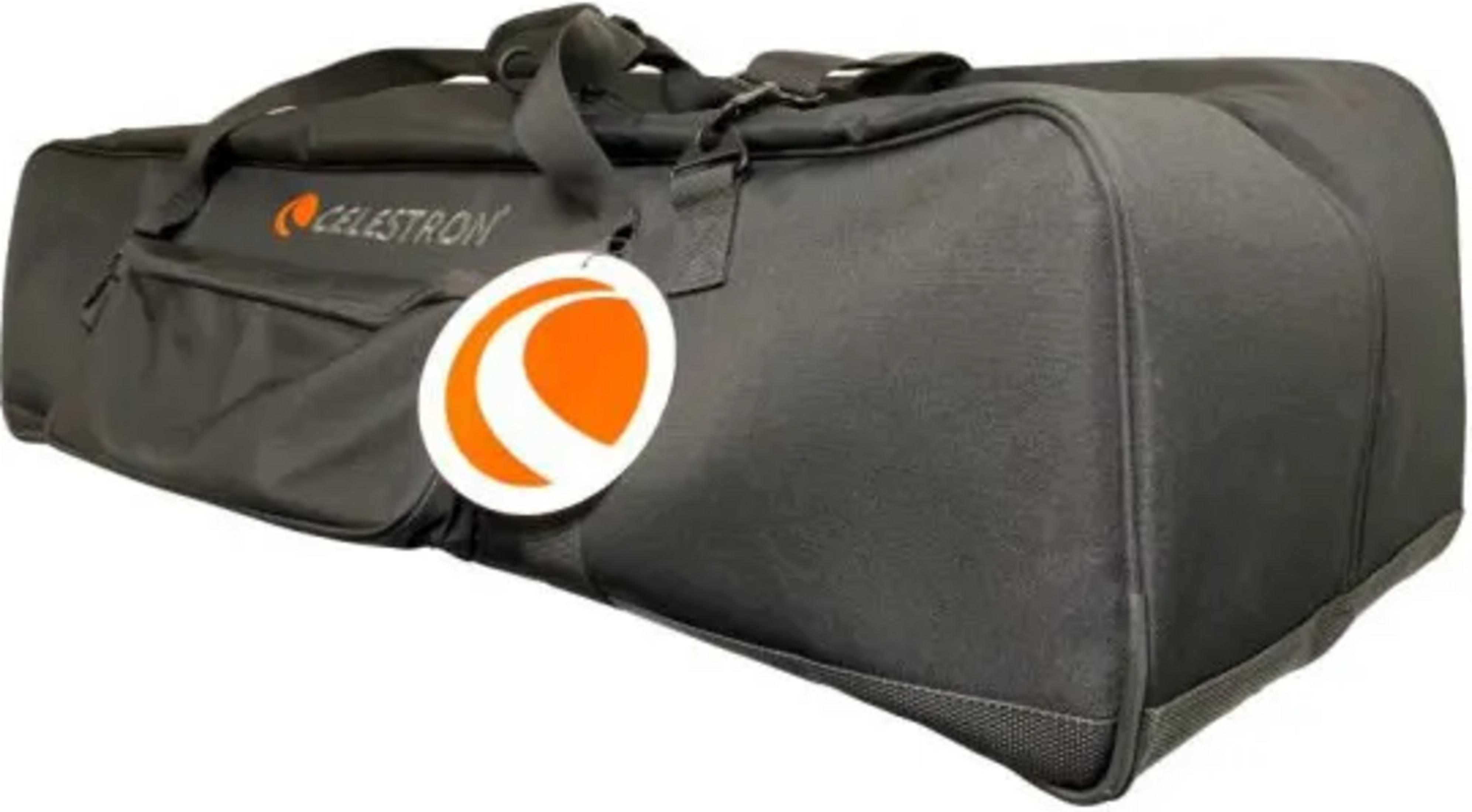Schwarze Tragetasche mit Celestron-Logo und orangefarbenem Kreis.