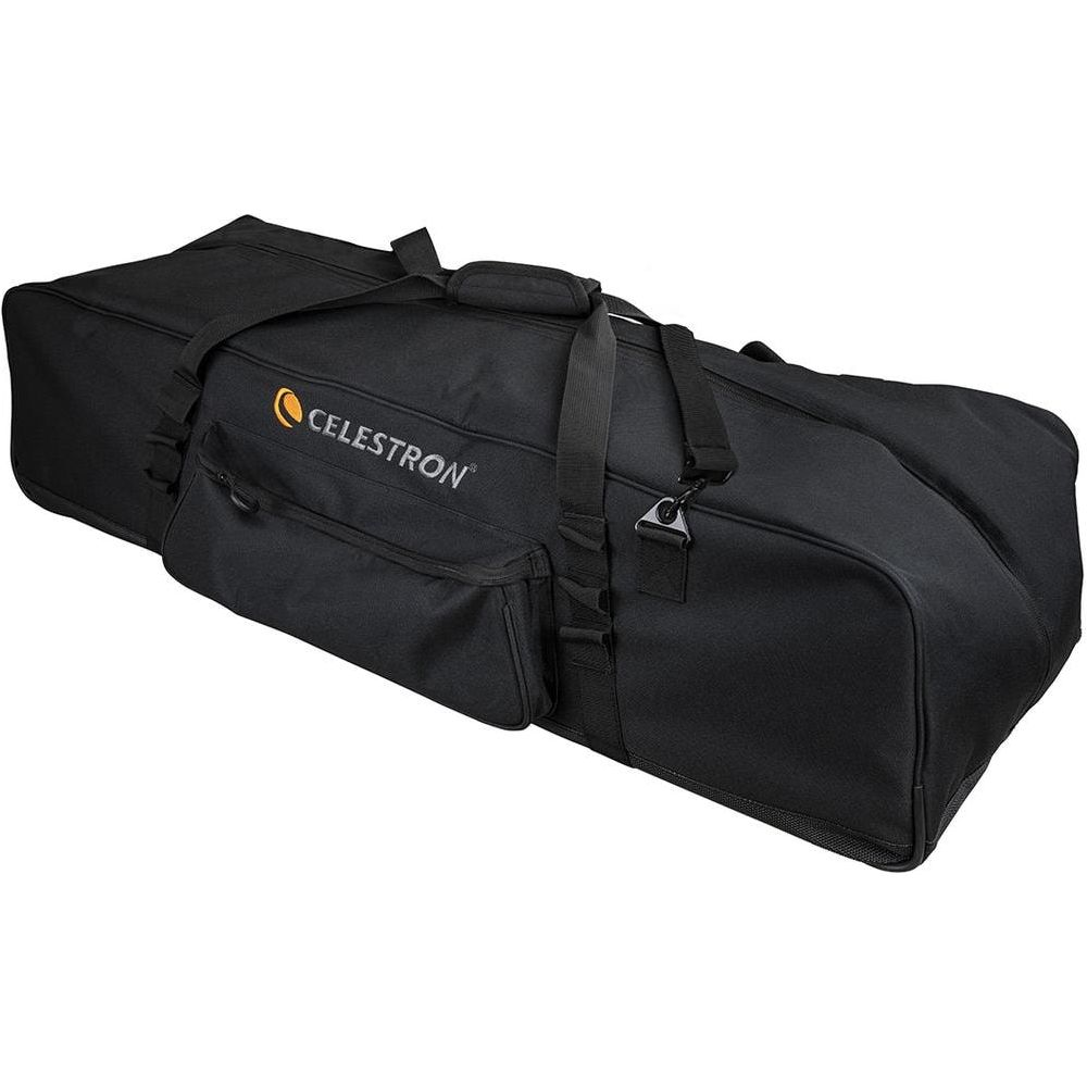 Eine schwarze Celestron-Tasche mit mehreren Fächern und Gurten auf weißem Hintergrund.