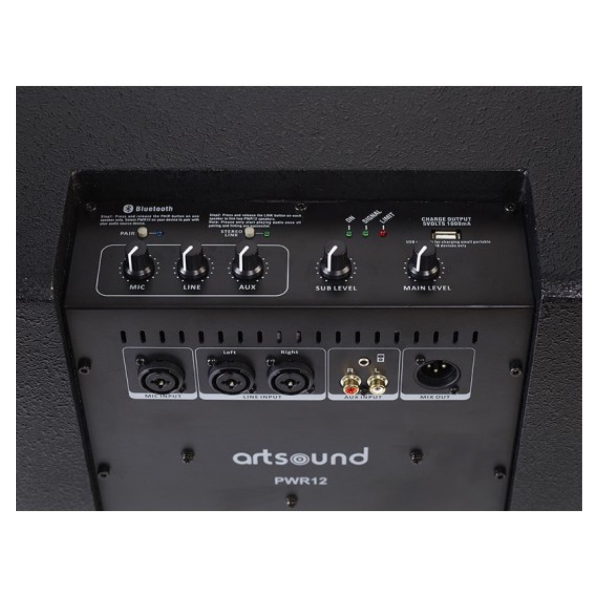 Panneau de commande d'enceinte avec boutons, ports et symbole Bluetooth.