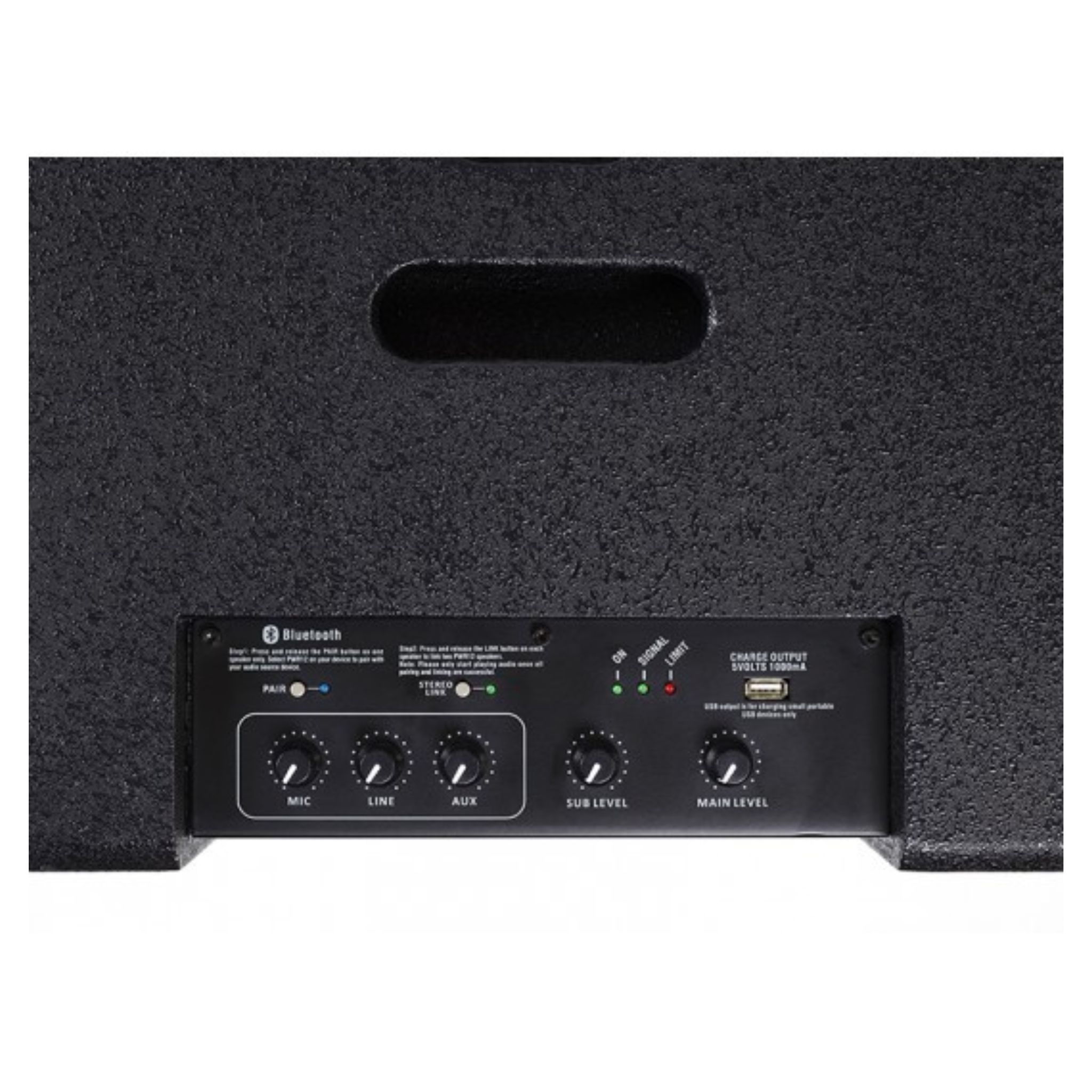 Arrière d'un haut-parleur noir avec commandes et symbole Bluetooth.