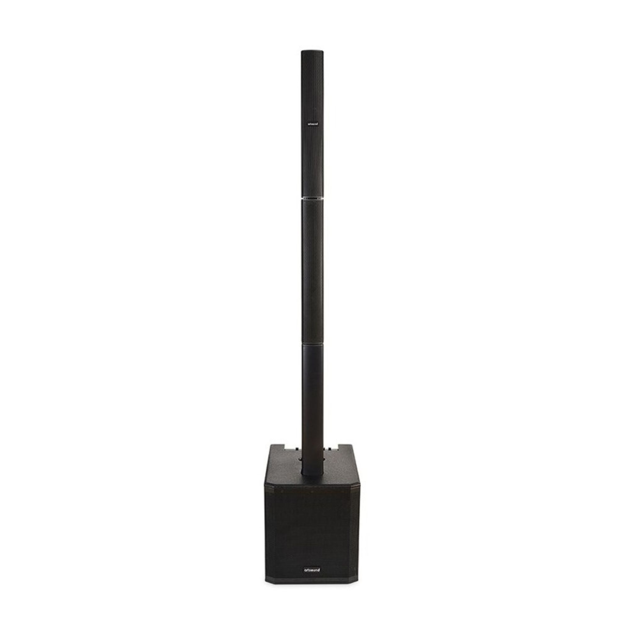 Une enceinte colonne noire avec base caisson de basses se dresse sur fond blanc.