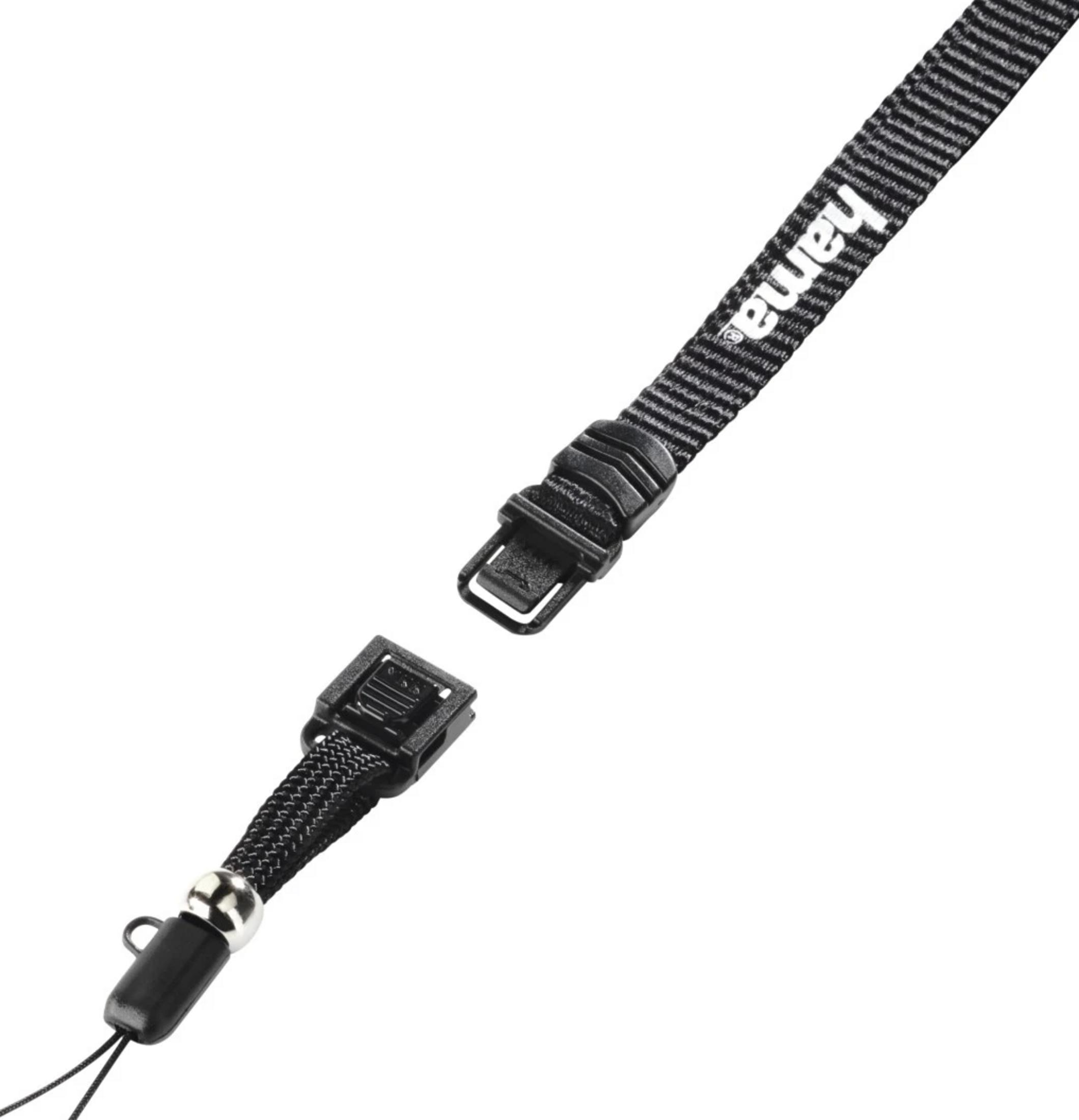 Ein schwarzes Hama-Lanyard mit silbernem Verschluss und einem schmalen Band.