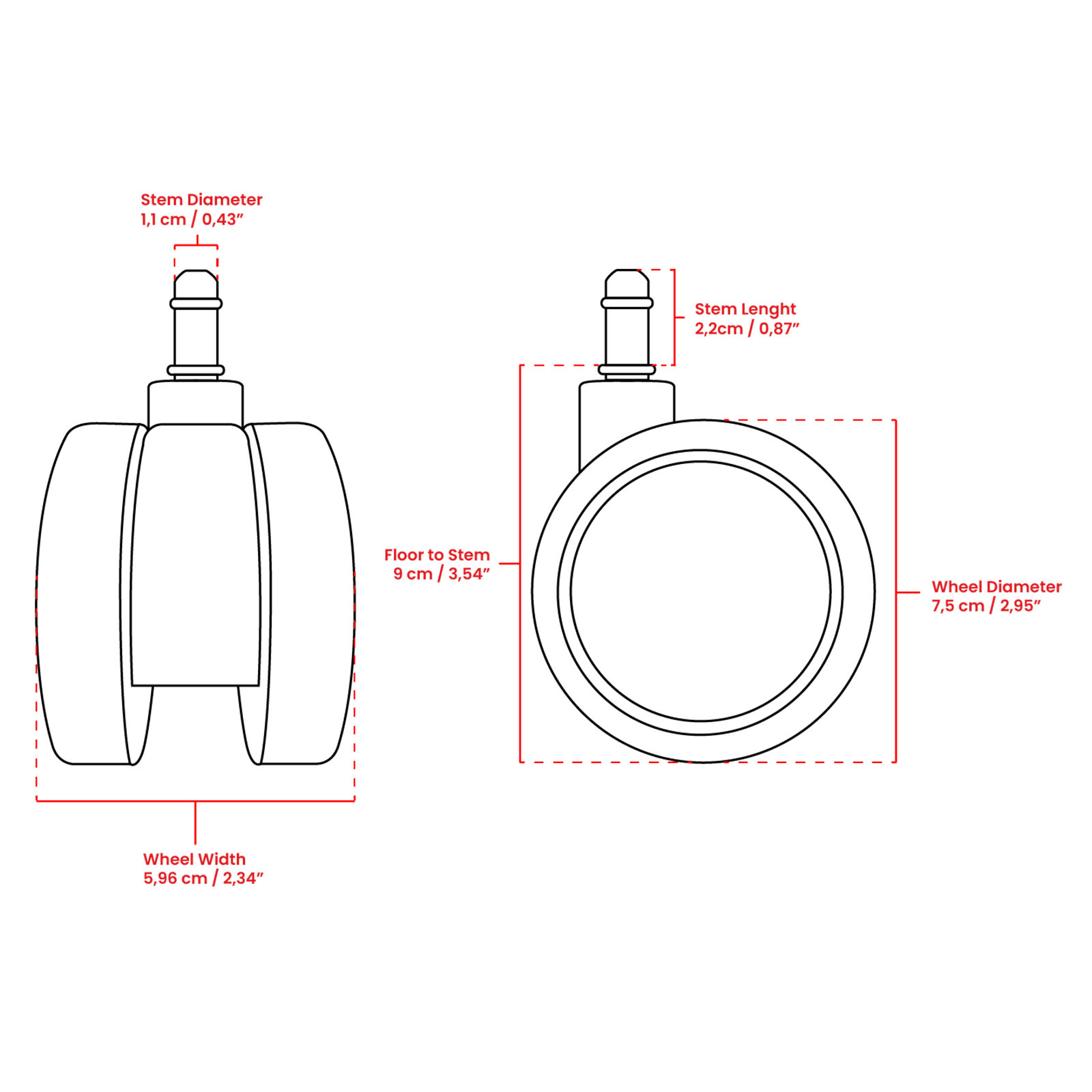 Disegno tecnico di una rotella per mobili con dimensioni per diametro stelo, larghezza, da terra a stelo, lunghezza stelo e diametro ruota.