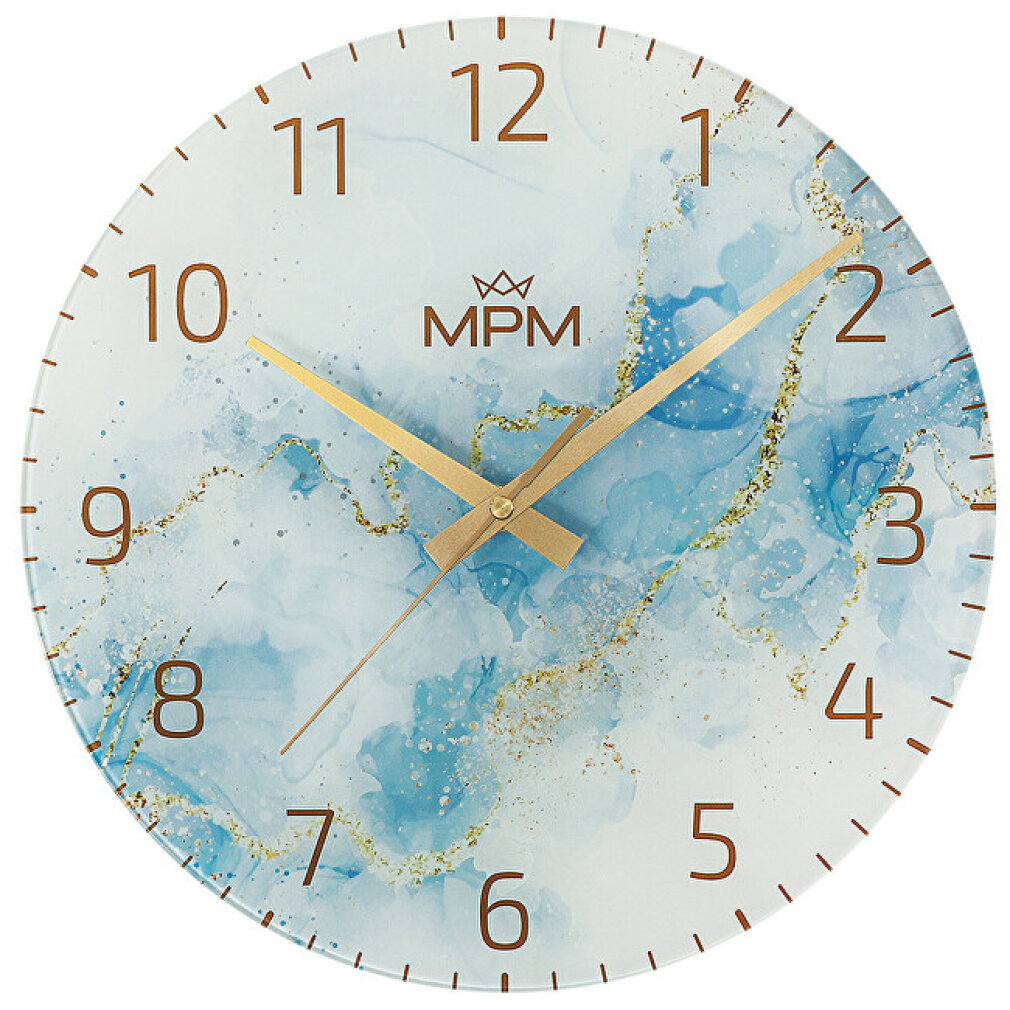 Un orologio da parete rotondo con design marmorizzato blu e oro. Lancette dorate indicano l'ora.