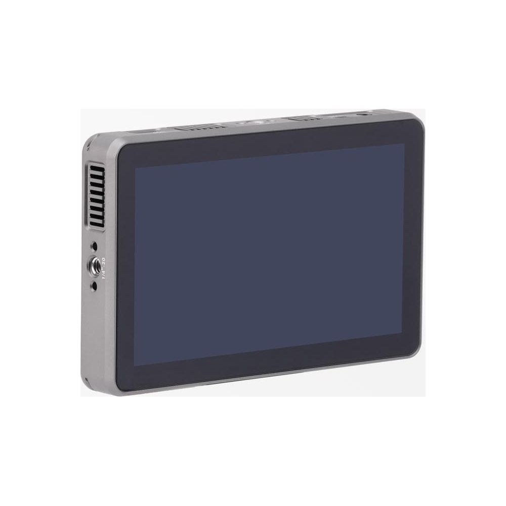 Grauer externer Monitor mit dunklem Bildschirm und Lüftungsschlitzen links.