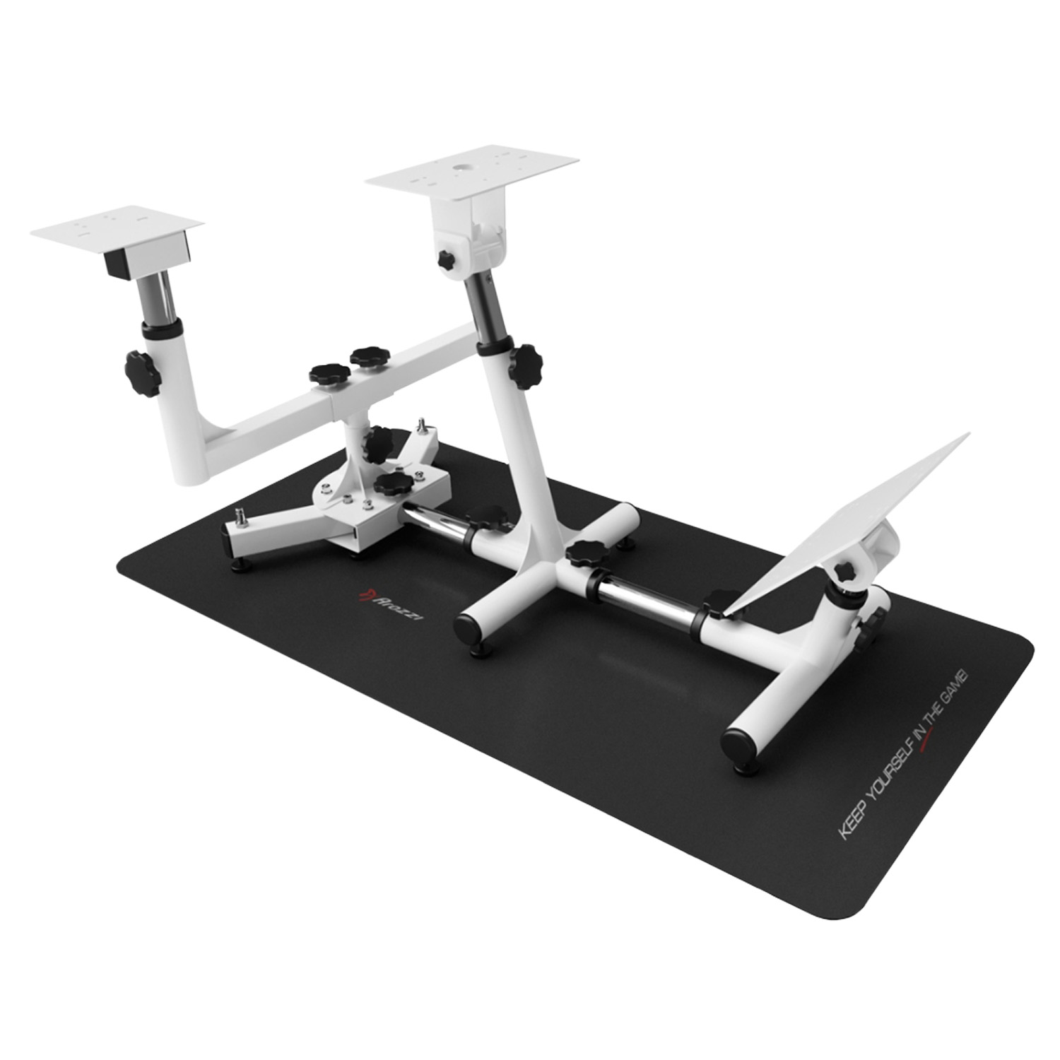 Supporto da gaming bianco su tappetino nero con testo.