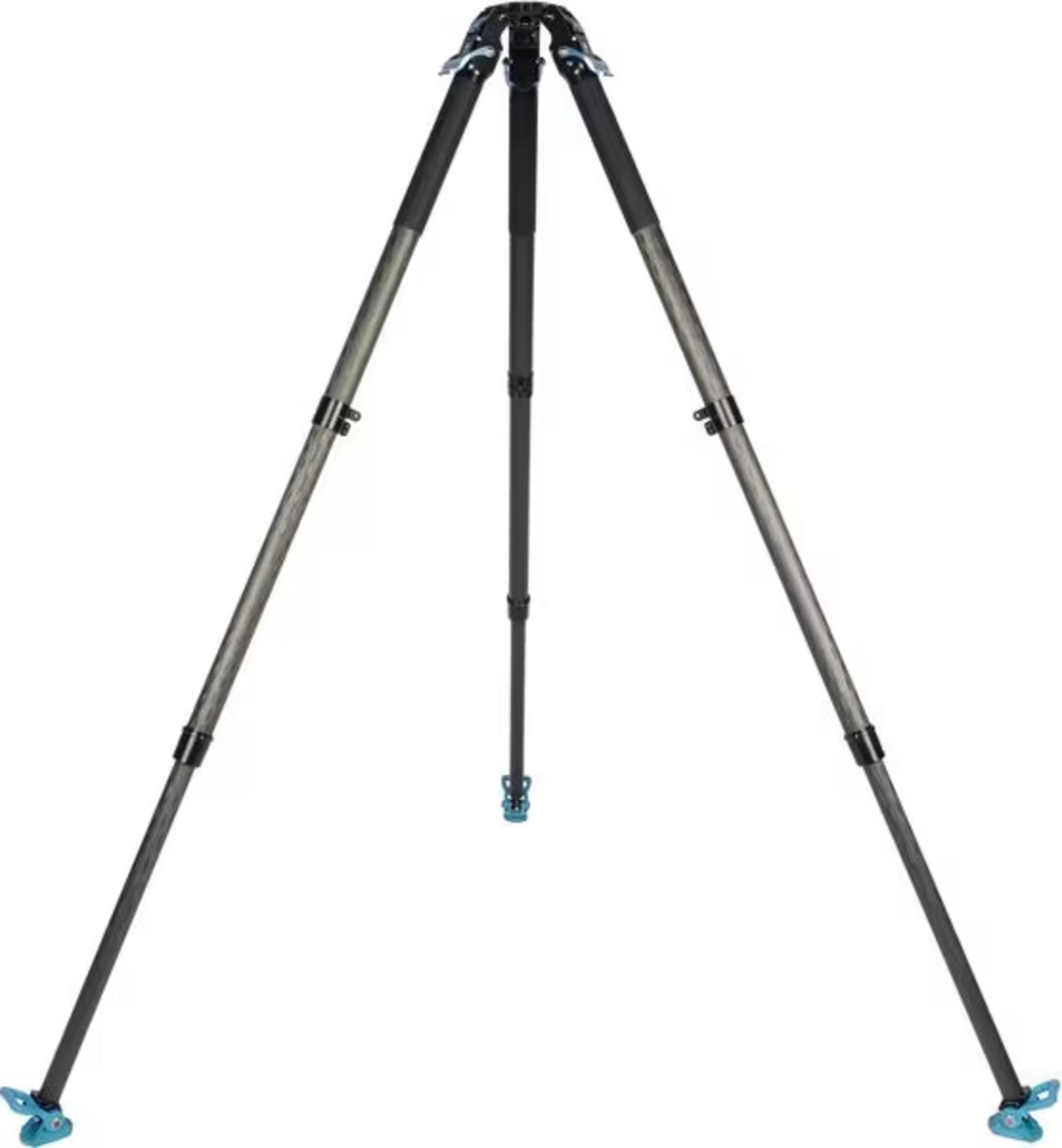 Ein dreibeiniges Stativ mit Carbonbeinen und blauen Füßen.