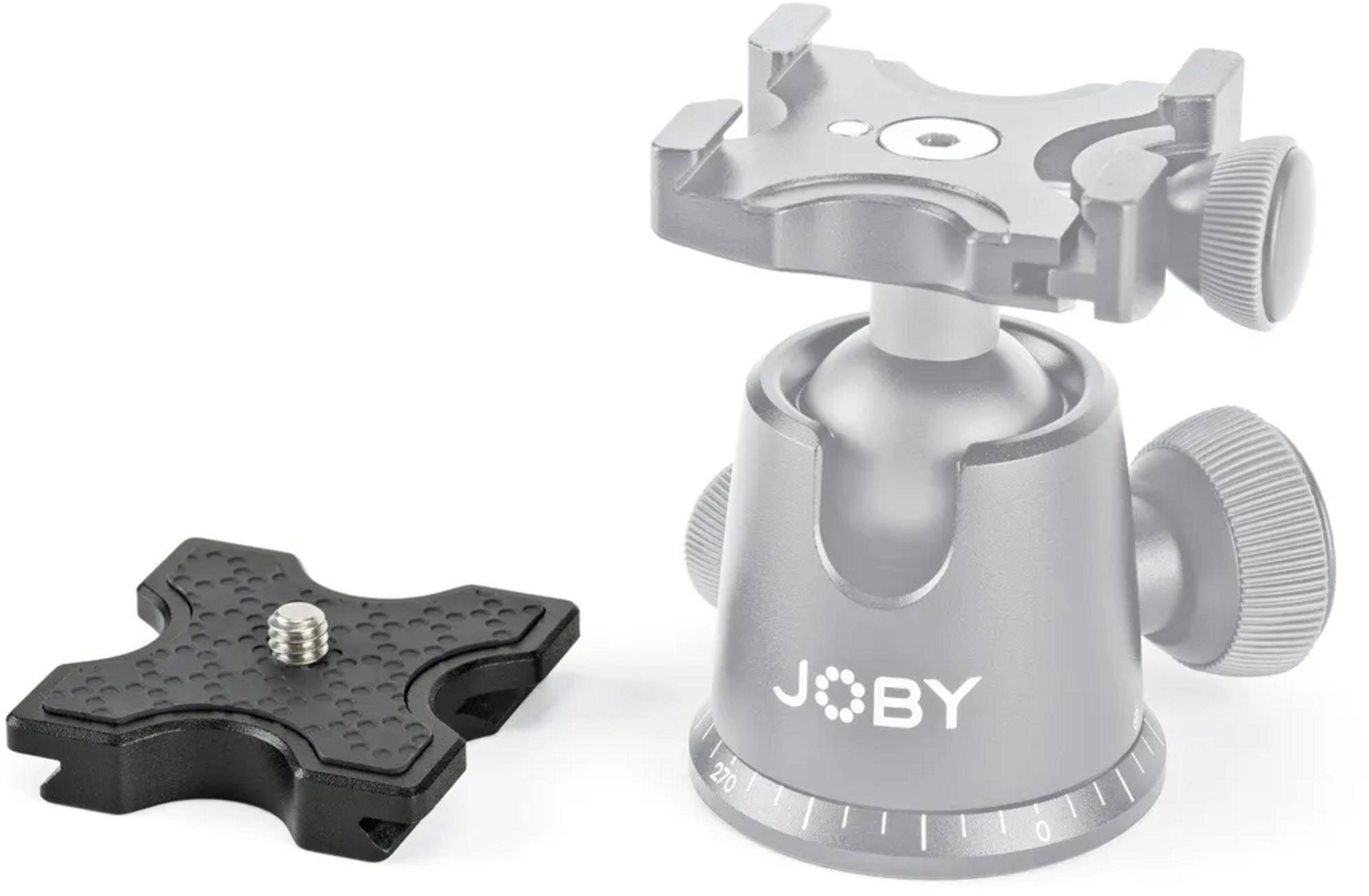 Ein schwarzer Kamerahalter und ein grauer Kugelkopf-Stativaufsatz von Joby.