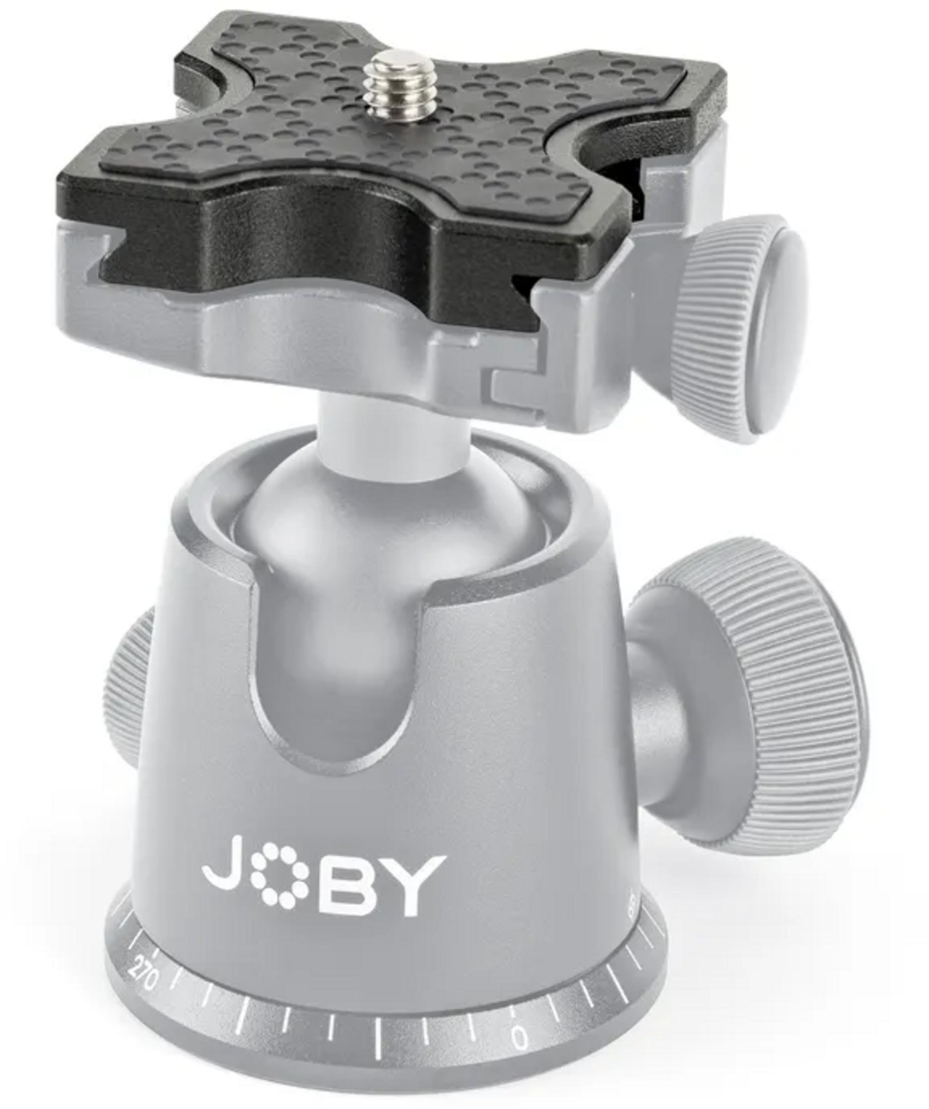 Grauer Joby Kugelkopf-Stativadapter mit schwarzer Platte und Rändelschrauben.