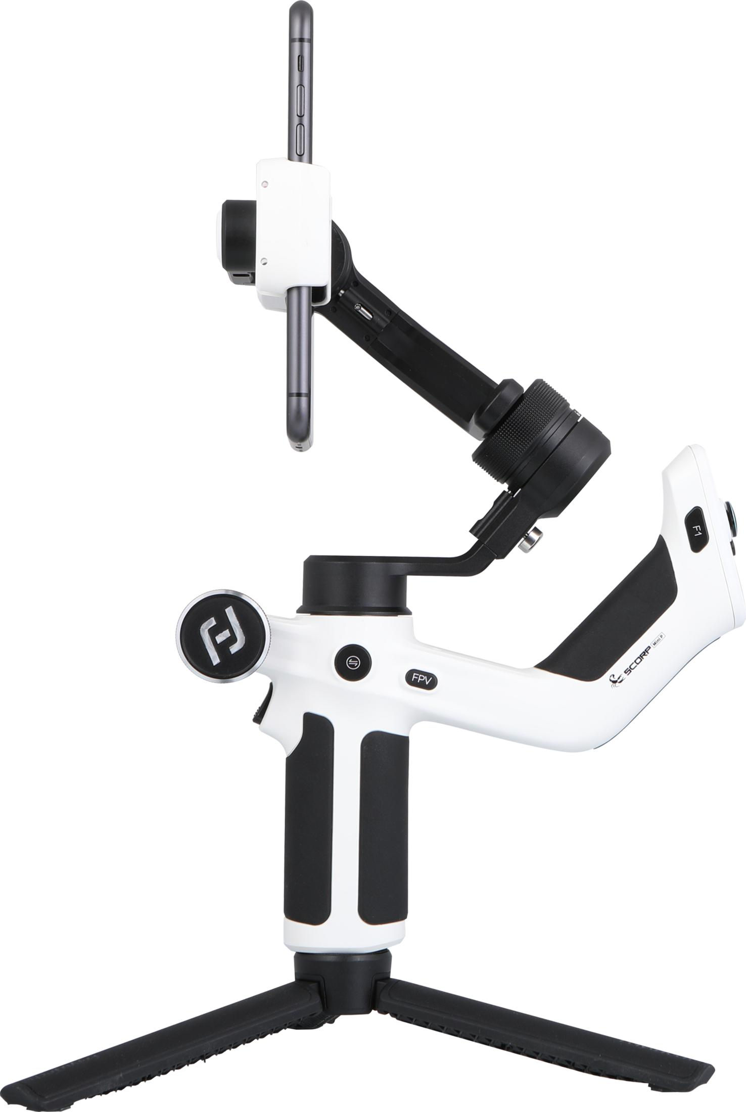 Ein weißer Gimbal mit Smartphone-Halterung und Stativ. Schwarz und weiß.