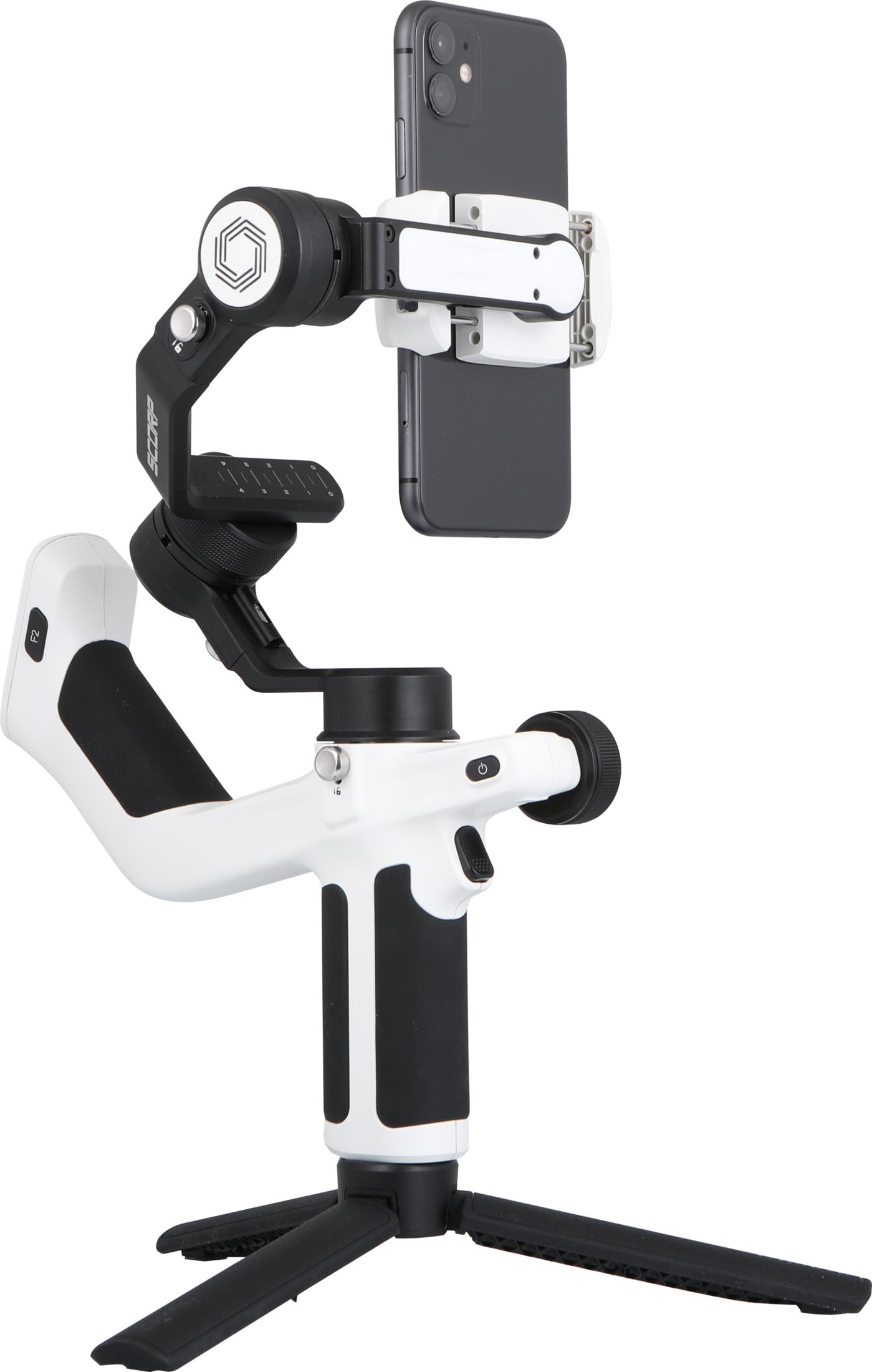 Ein Smartphone auf einem schwarzen und weißen Gimbal mit Stativ.