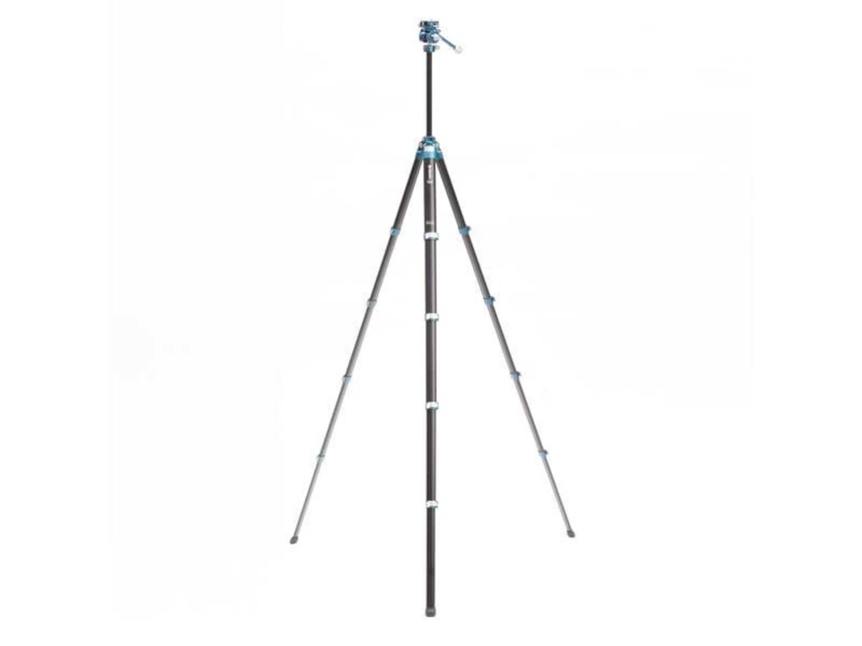 Un treppiede per fotocamera nero e blu con tre gambe e una testa.