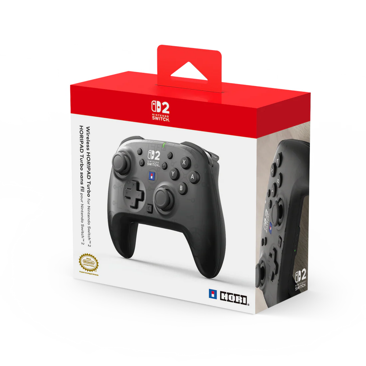Szary kontroler Nintendo Switch na czerwonym opakowaniu z logo.