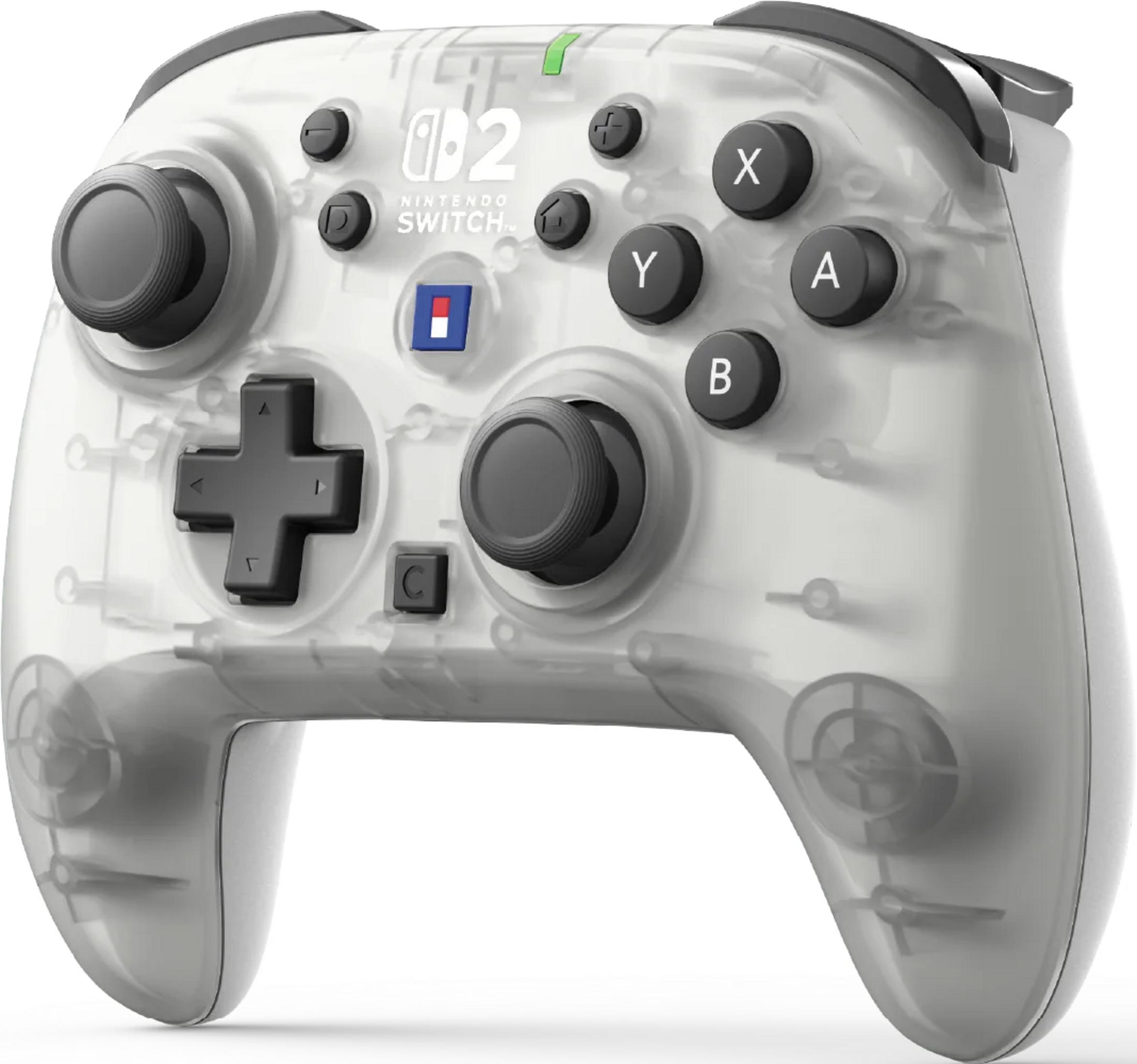 Przezroczysty kontroler Nintendo Switch Pro z czarnymi przyciskami i joystickami.
