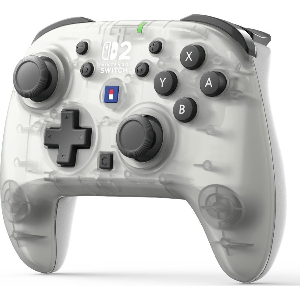 Przezroczysty kontroler Nintendo Switch z szarymi przyciskami i joystickami.