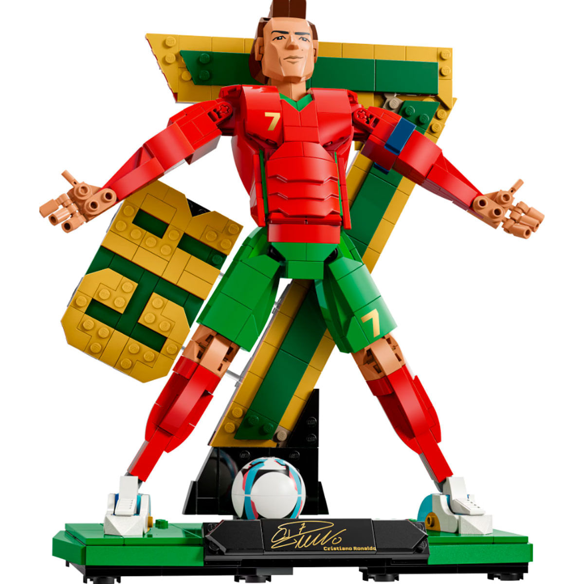 Cristiano Ronaldo'nun kırmızı ve yeşil Lego modeli, göğsünde ve şortunda "7" yazısı var.