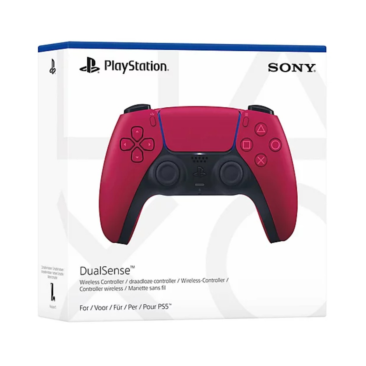 Czerwony kontroler PlayStation DualSense w pudełku, z logo Sony i PlayStation.