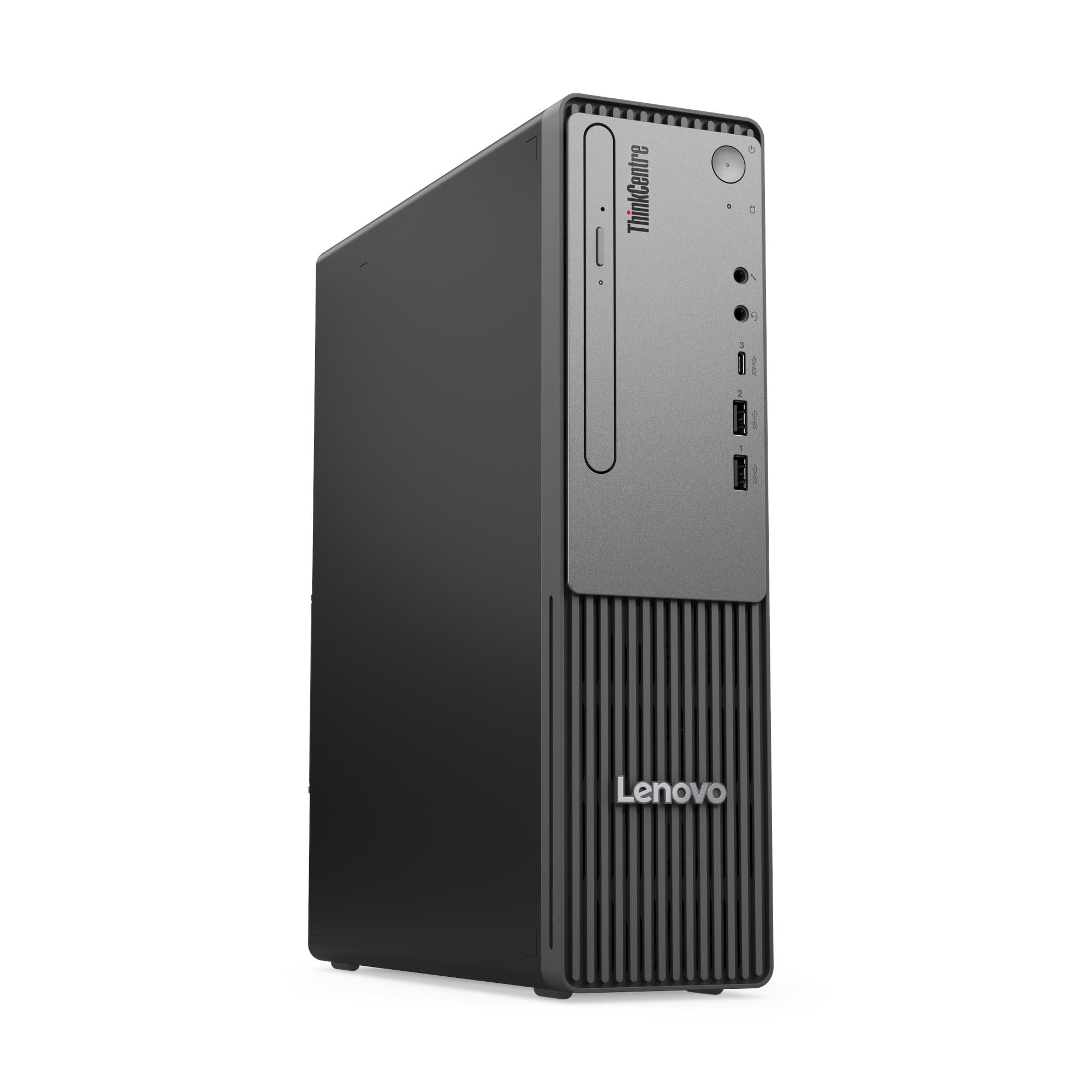 Czarny komputer stacjonarny Lenovo ThinkCentre z srebrnym panelem przednim i portami.