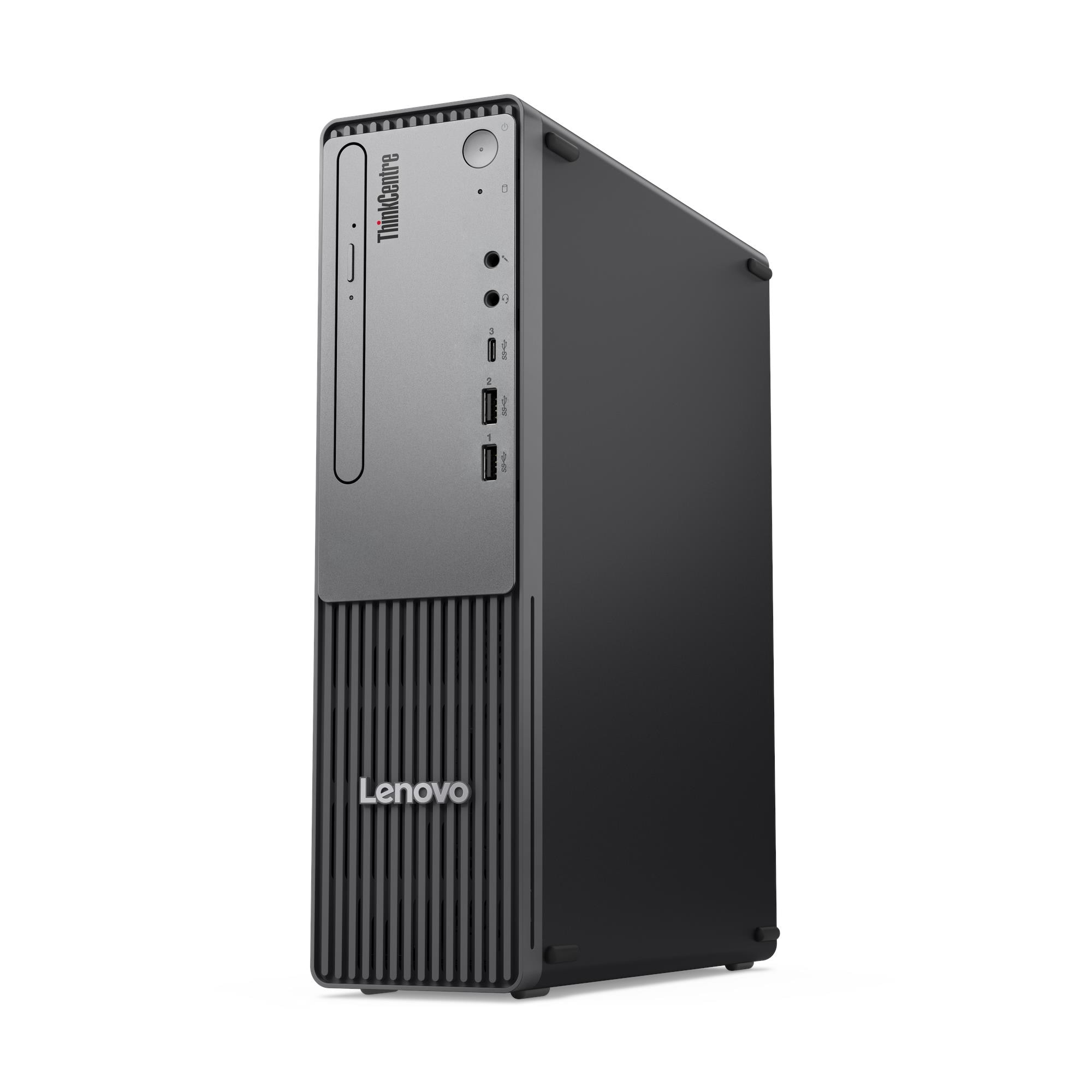 Czarny komputer Lenovo ThinkCentre na białym tle.