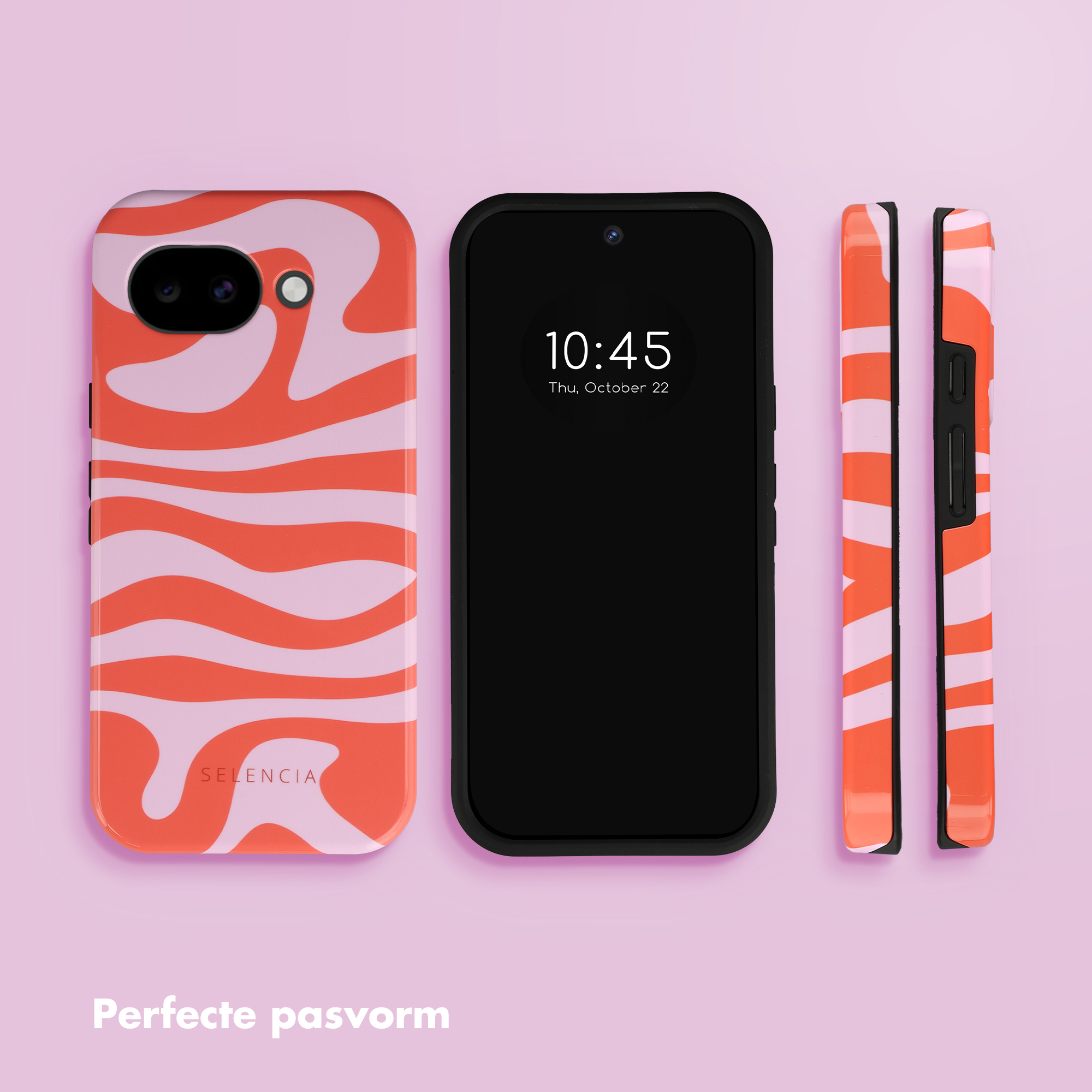 Un smartphone avec étui et appareils photo sur fond rose.
