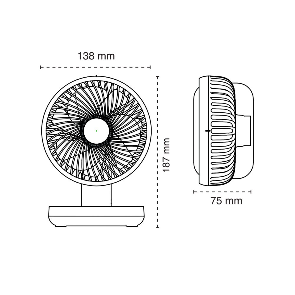 Dibujo técnico de un ventilador, mostrando dimensiones: 138mm ancho, 187mm alto, 75mm profundidad.