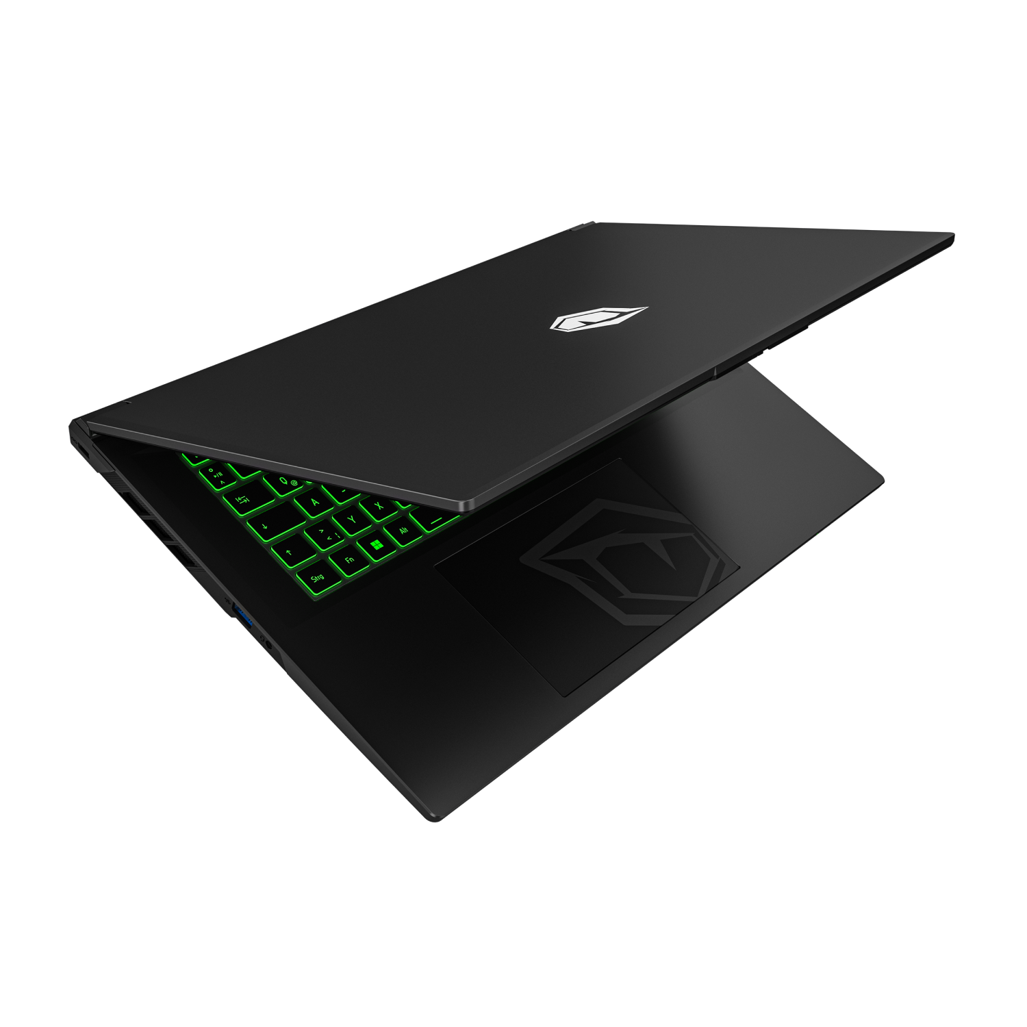 Schwarzer Laptop mit beleuchteter grüner Tastatur und Logo auf dem Deckel.