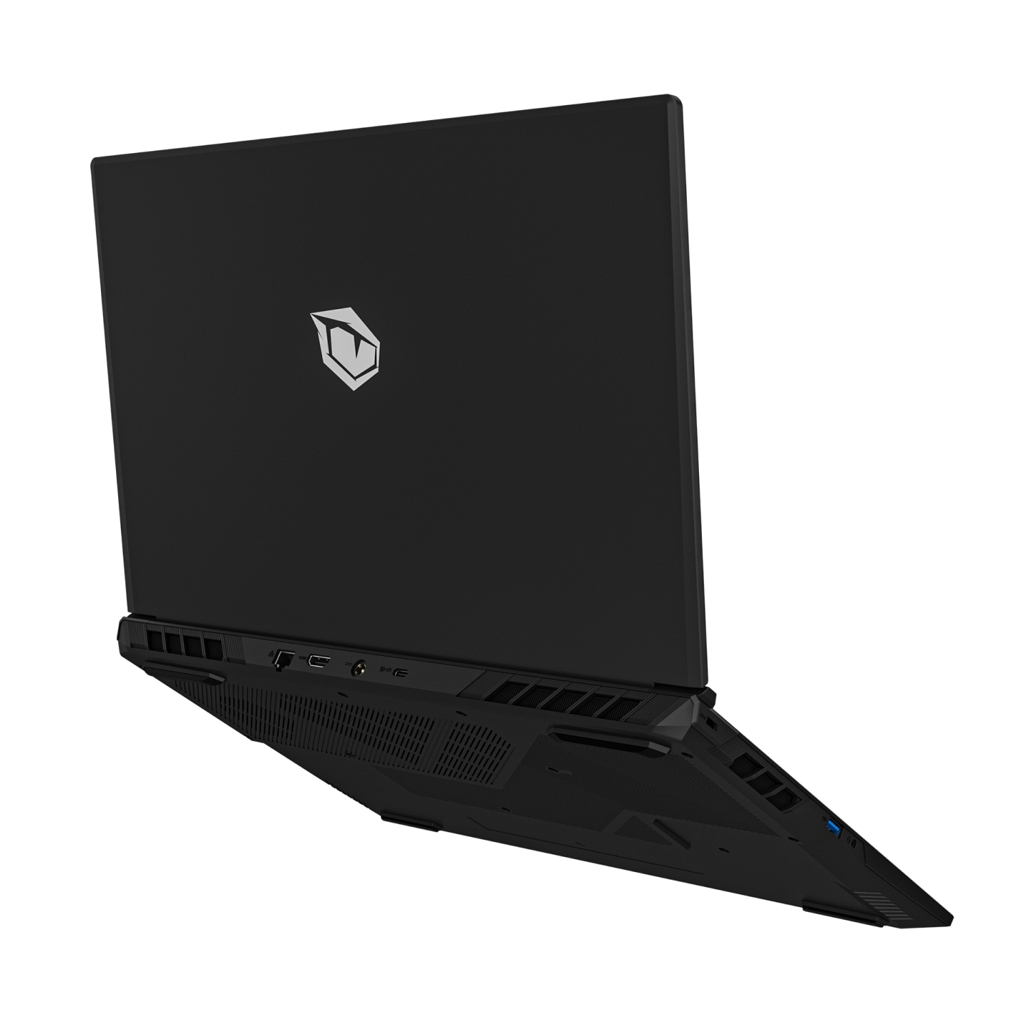 Schwarzer Laptop mit silbernem Logo auf dem Deckel, geöffnet und von der Seite gezeigt.