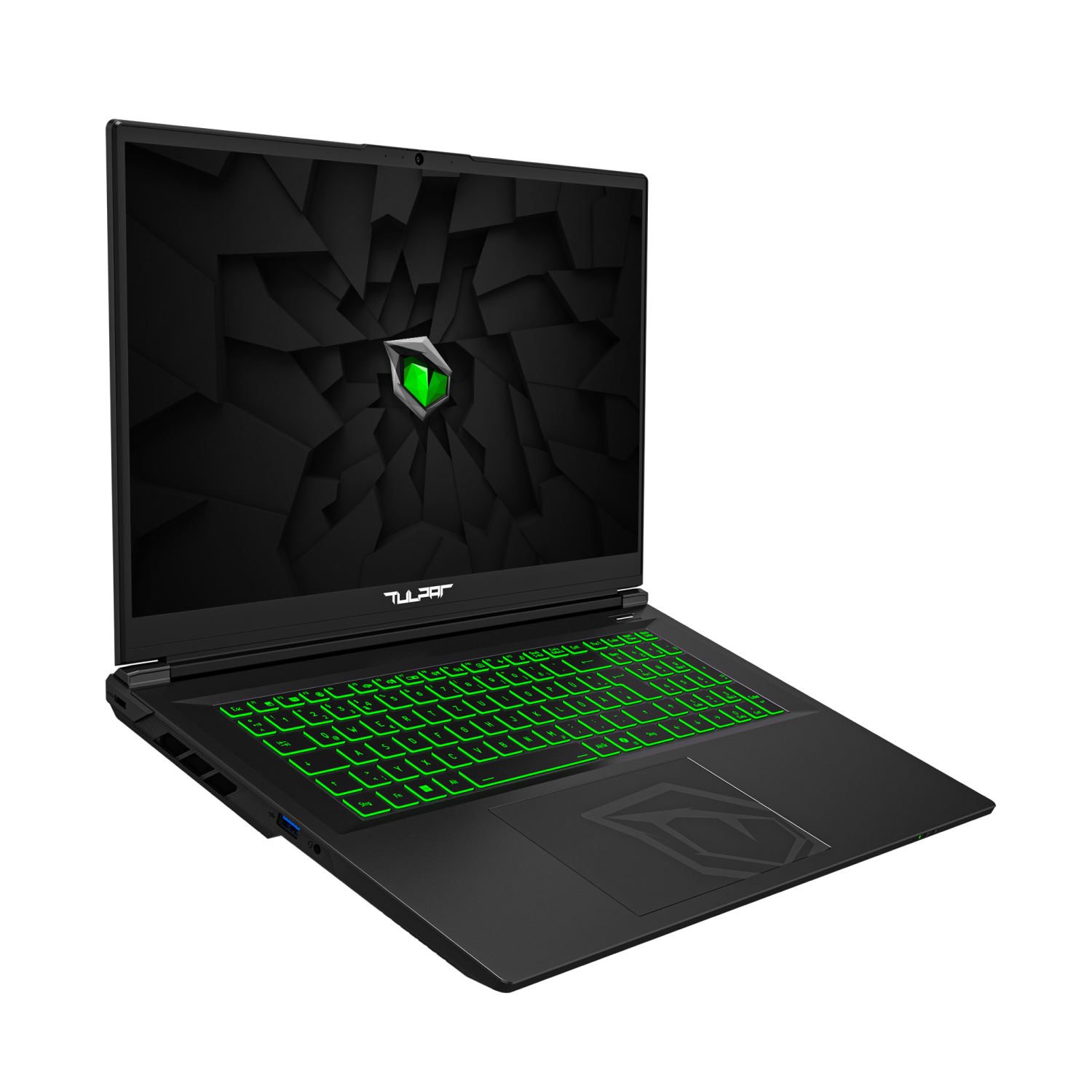 Schwarzer Laptop mit leuchtend grüner Tastatur und Logo auf dem Hintergrund.