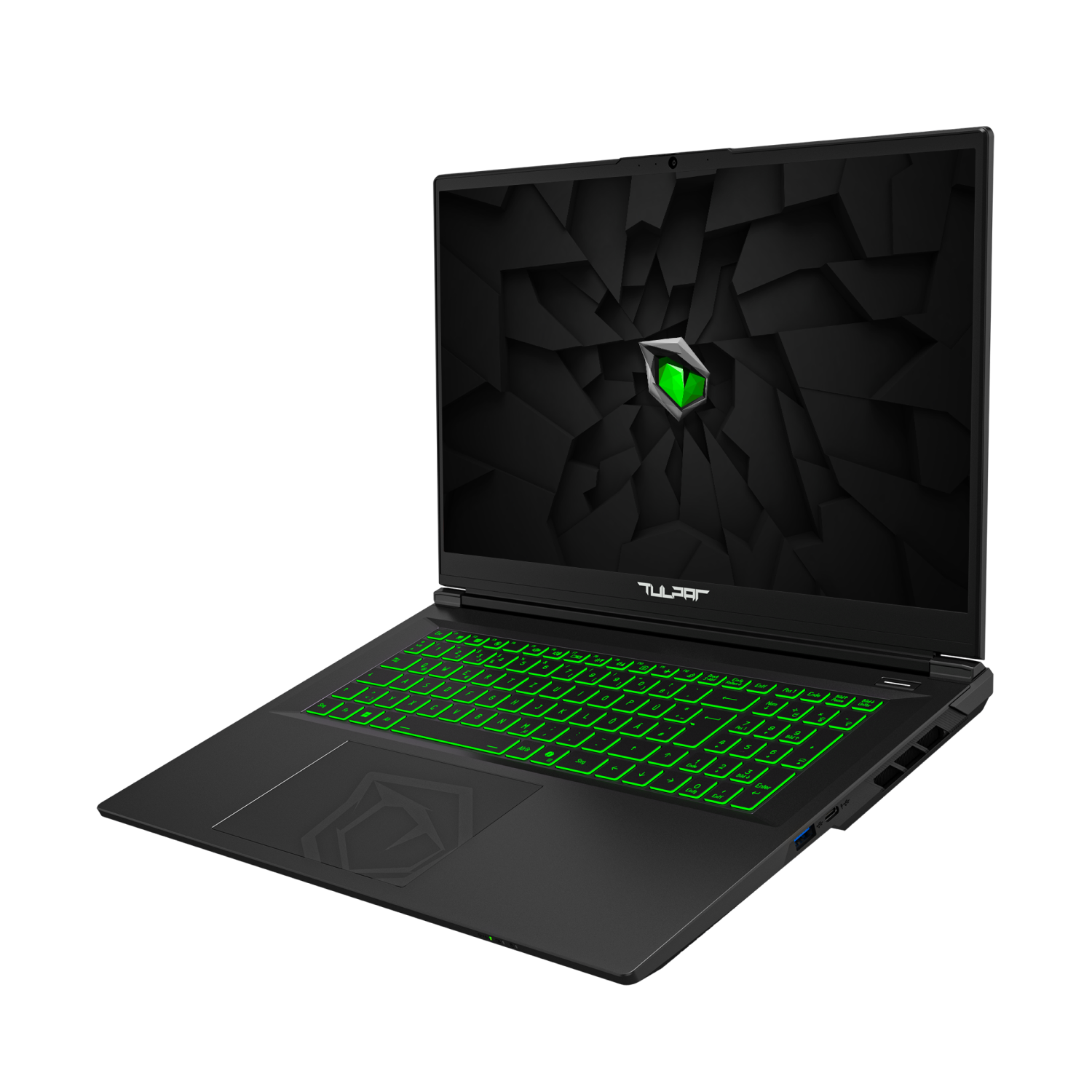 Ein schwarzer Laptop mit einer grünen Tastatur und einem grünen Logo auf dem Bildschirm.