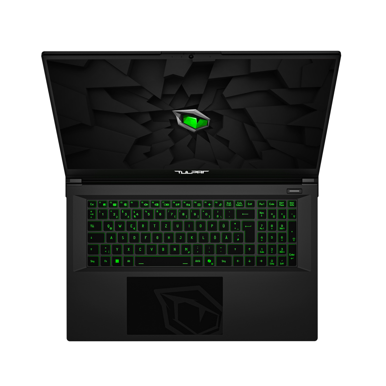 Ein offener schwarzer Laptop mit grüner Tastaturbeleuchtung und einem grünen Auge-Logo auf dem Hintergrund.