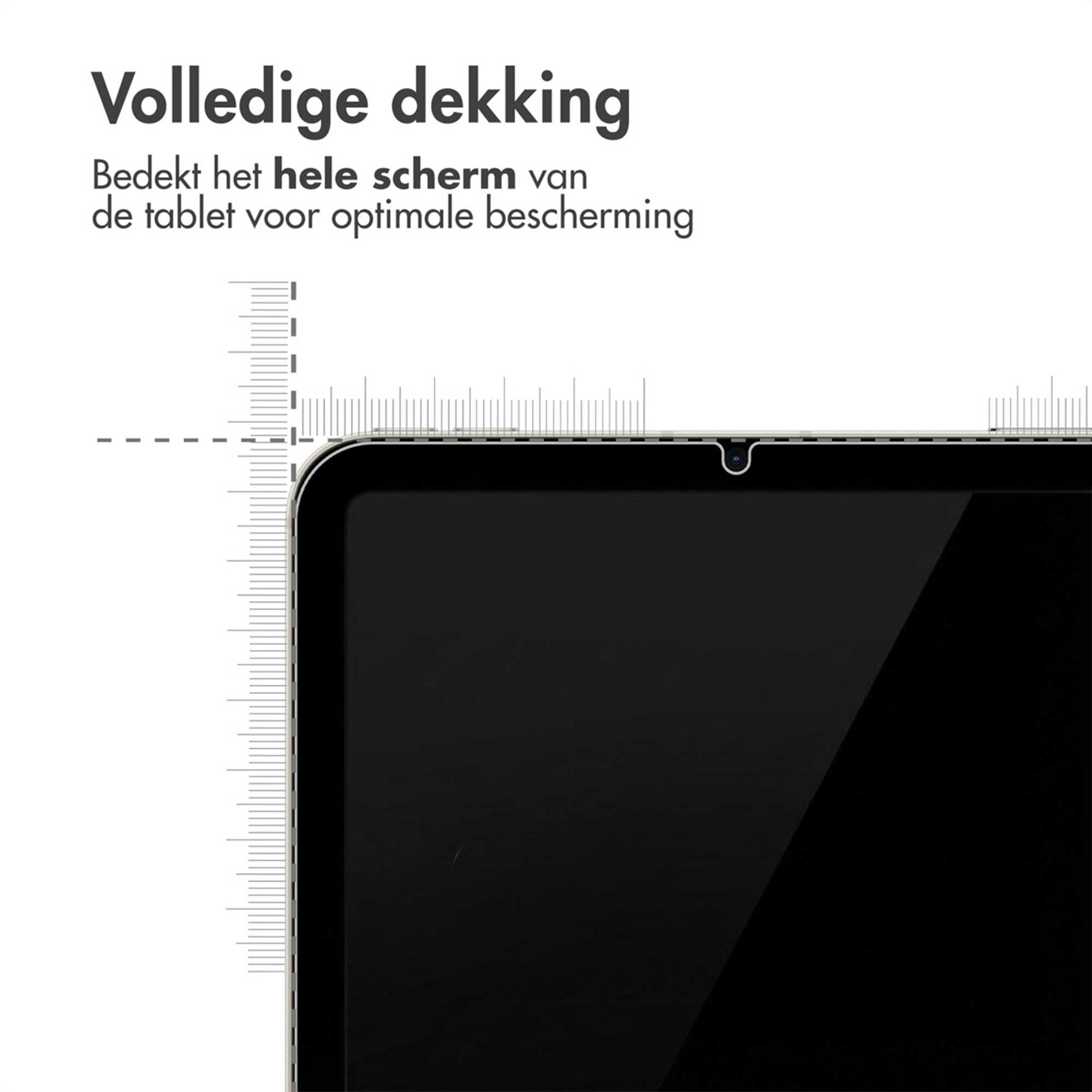 Close-up van een zwart tabletscherm met een meetlat ernaast.