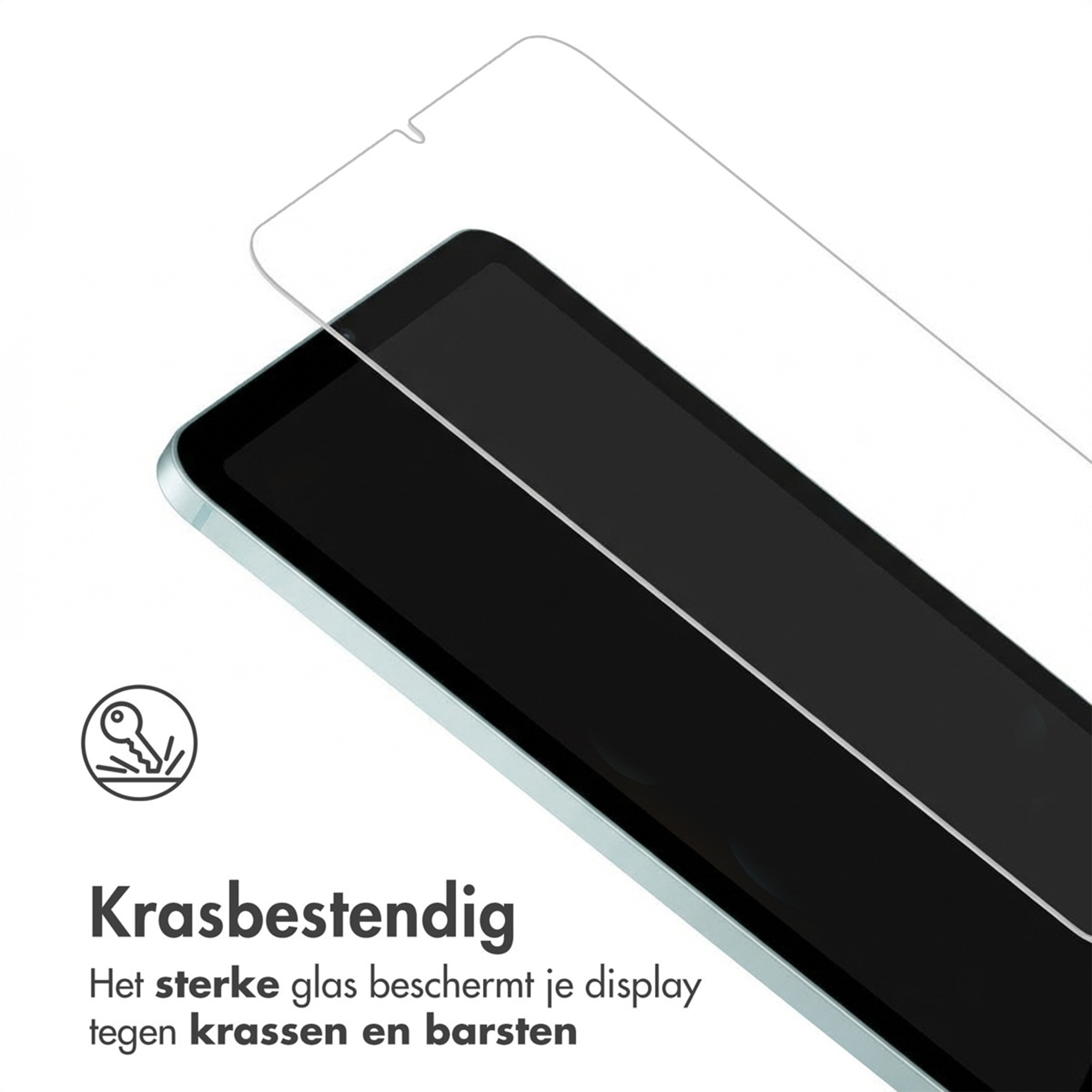 Screenprotector op een tablet, met krasbestendig icoon ernaast.