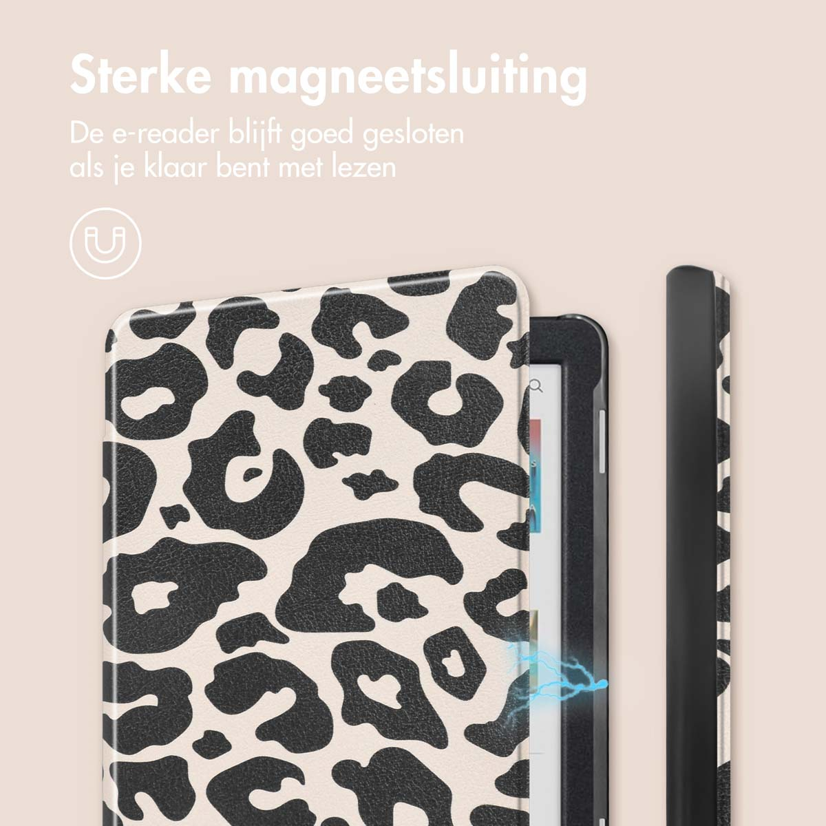 E-reader hoes met luipaardprint en sterke magneetsluiting.
