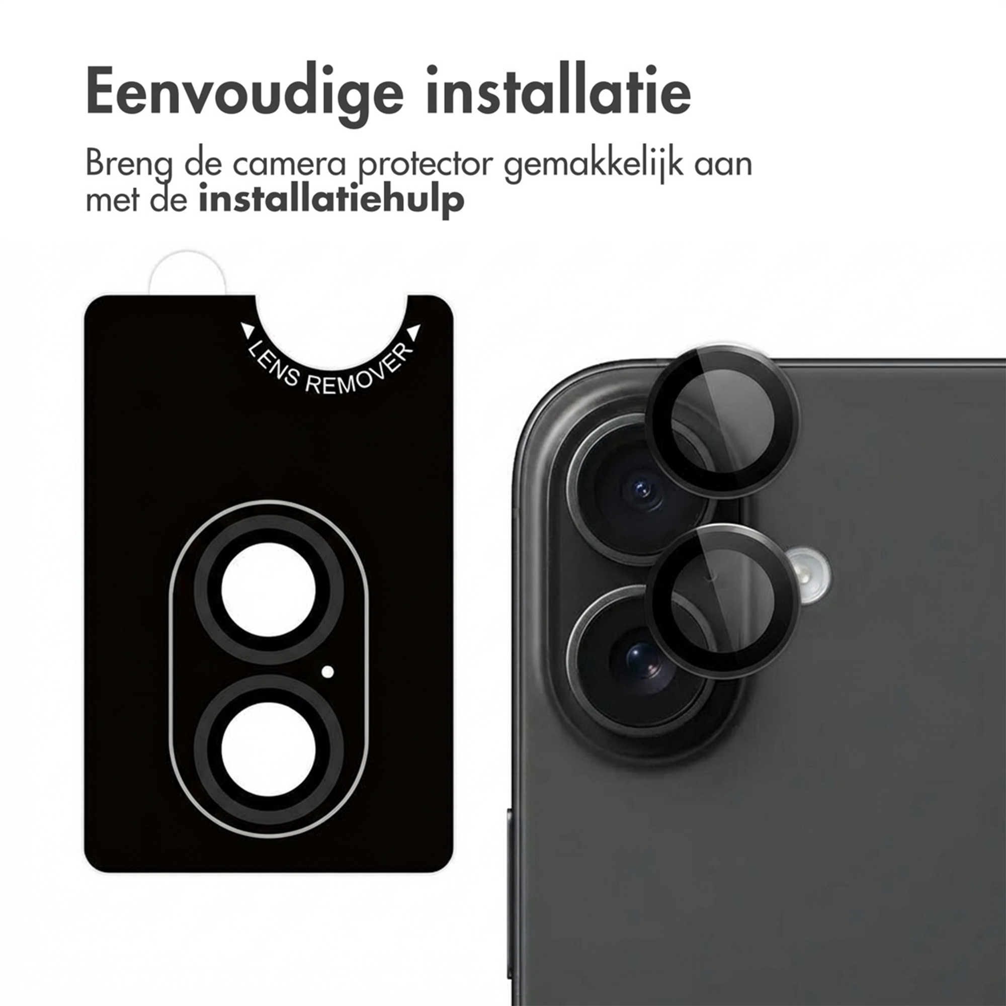 Een zwarte gids toont lensbeschermers voor telefooncamera.