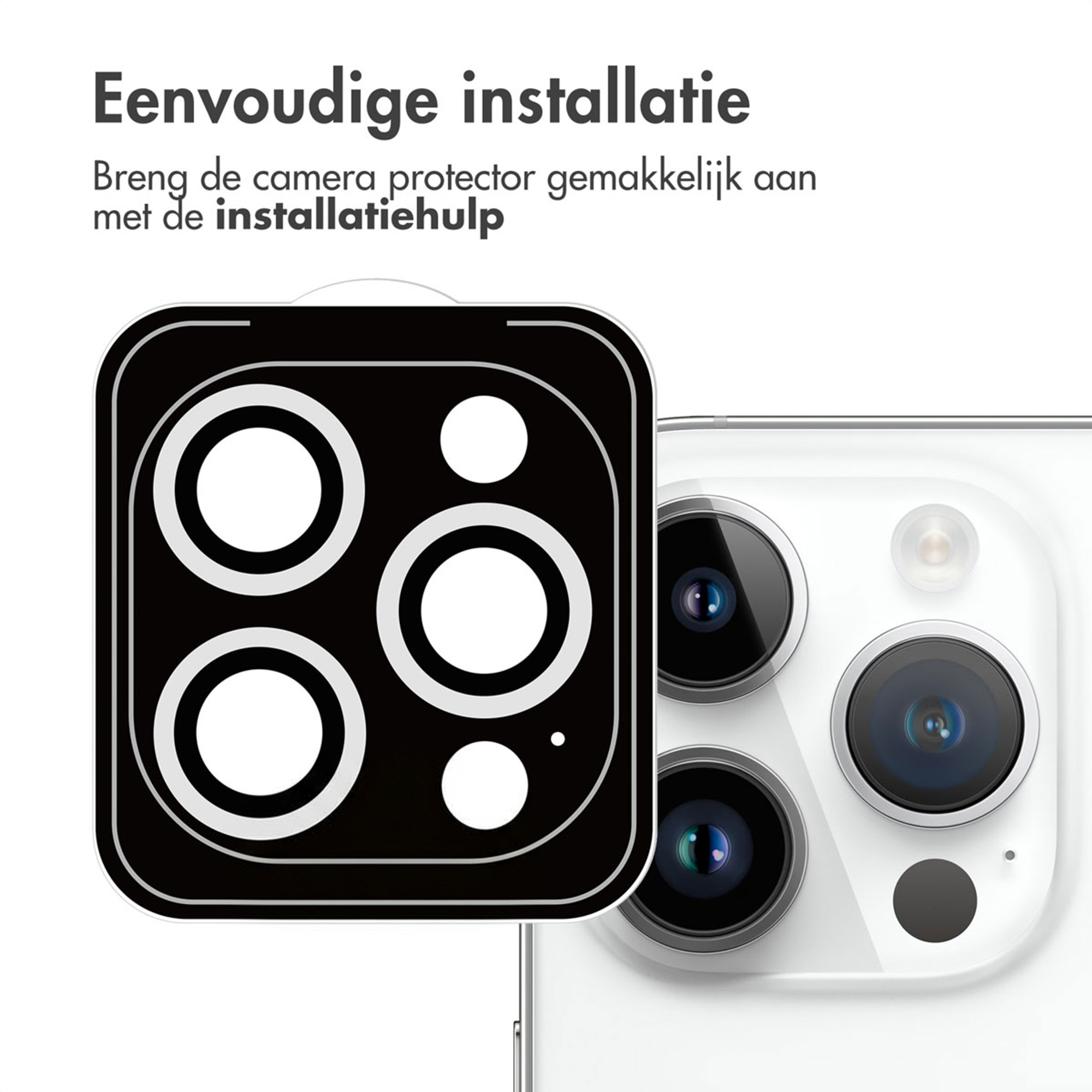 Zwarte cameraprotector met vier cirkels op een witte telefoon.