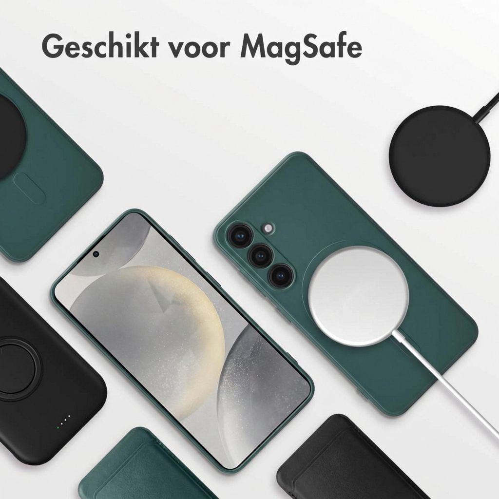 Groene en zwarte telefoonhoesjes met MagSafe lader en smartphone.
