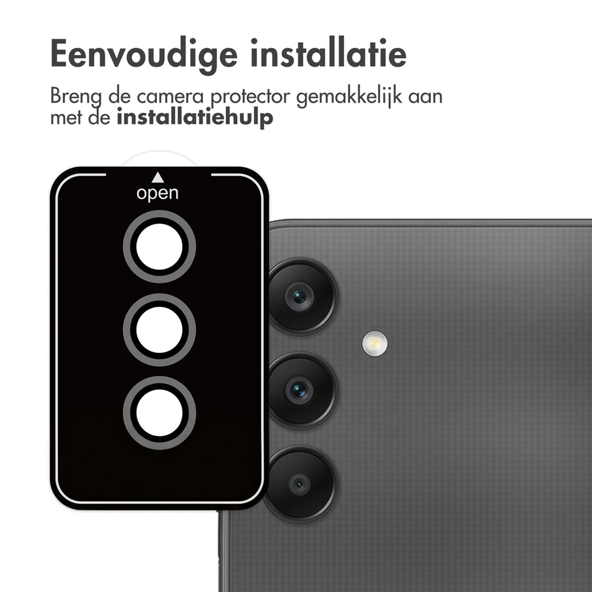 Een zwart installatiehulpje met drie cirkels en het woord "open" boven een telefooncamera.