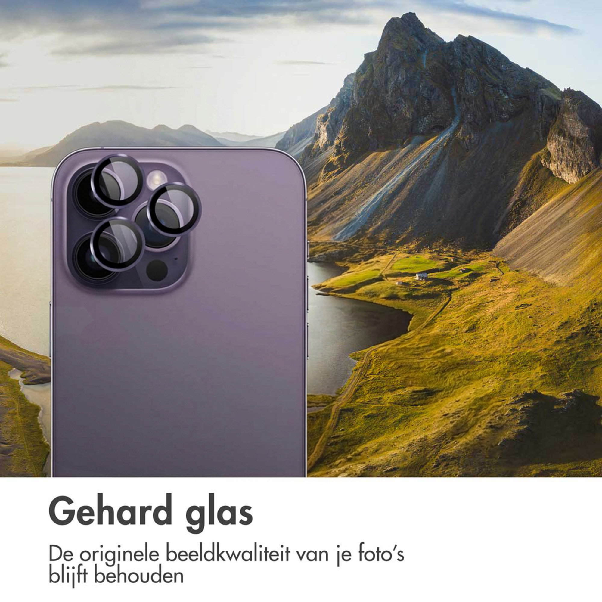 Paars telefoon met cameralensbescherming voor bergachtig landschap.