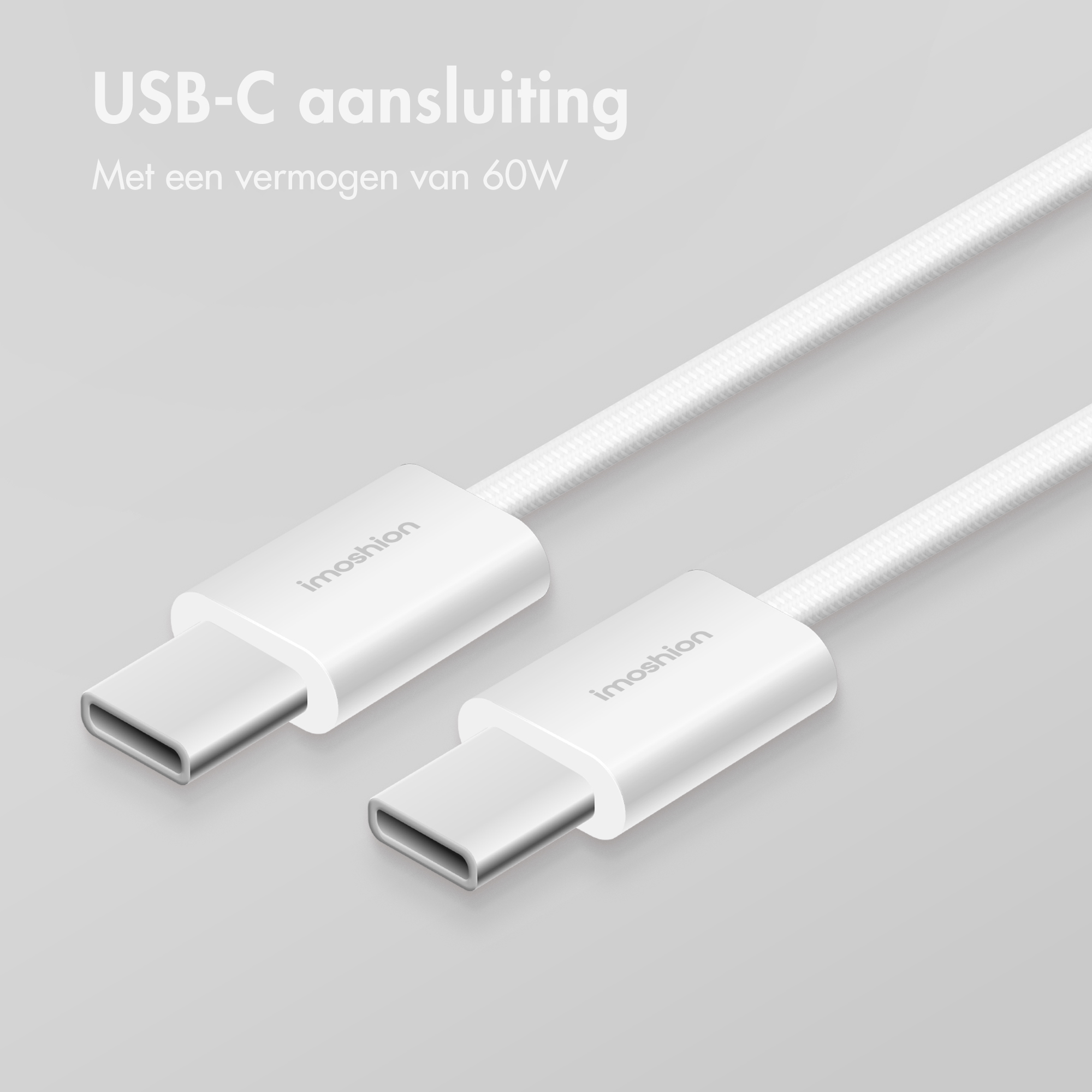 Un câble USB-C blanc avec deux connecteurs sur fond gris.