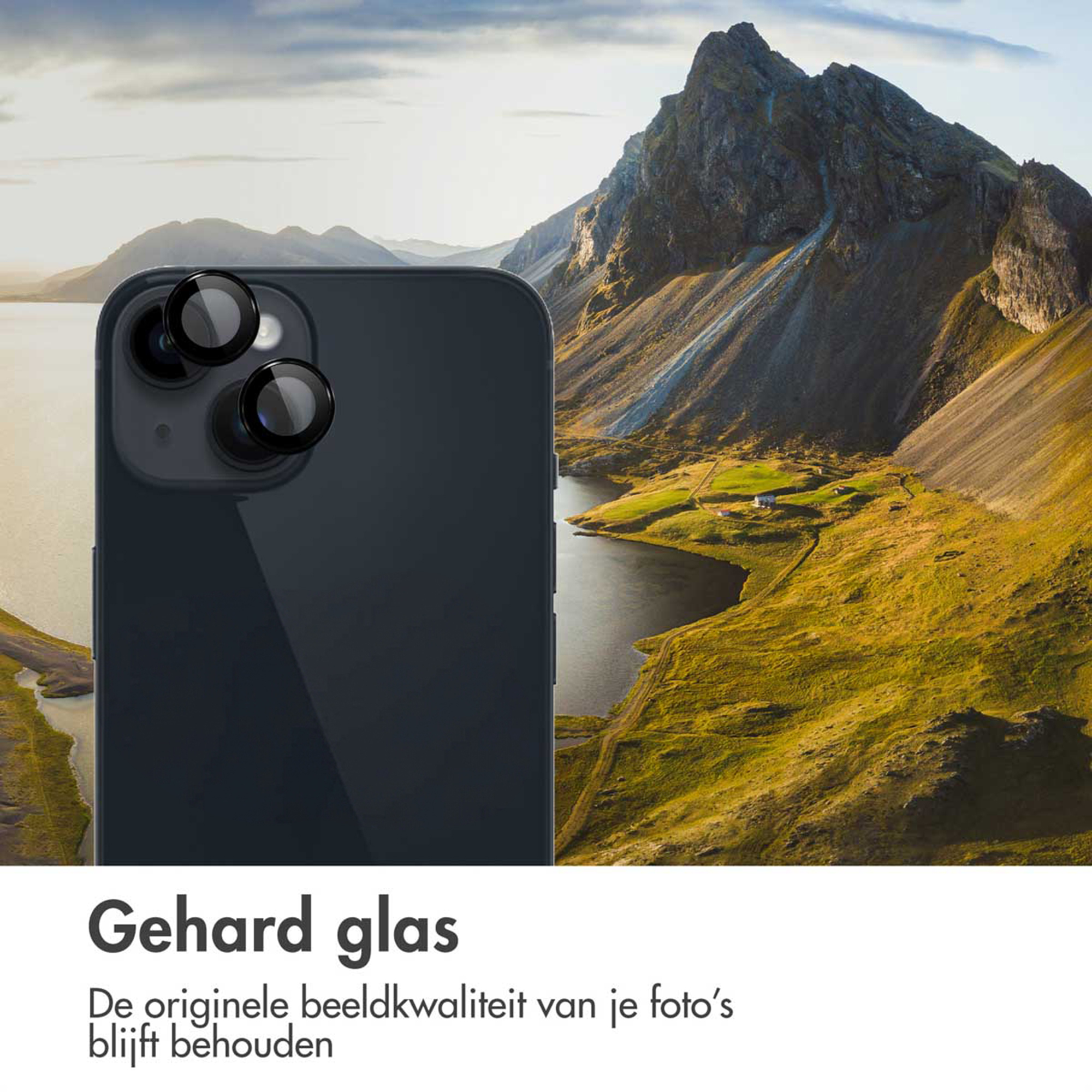 Dark smartphone case with three camera lenses against a mountainous landscape.