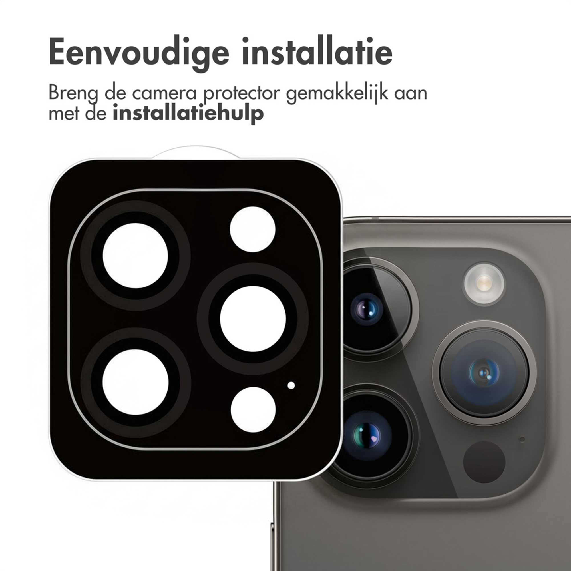 Een zwarte camera lens protector voor smartphone met vier witte cirkels.