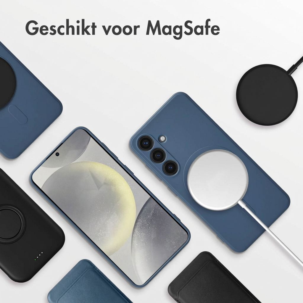 Coque de téléphone bleue avec chargeur MagSafe et autres accessoires.