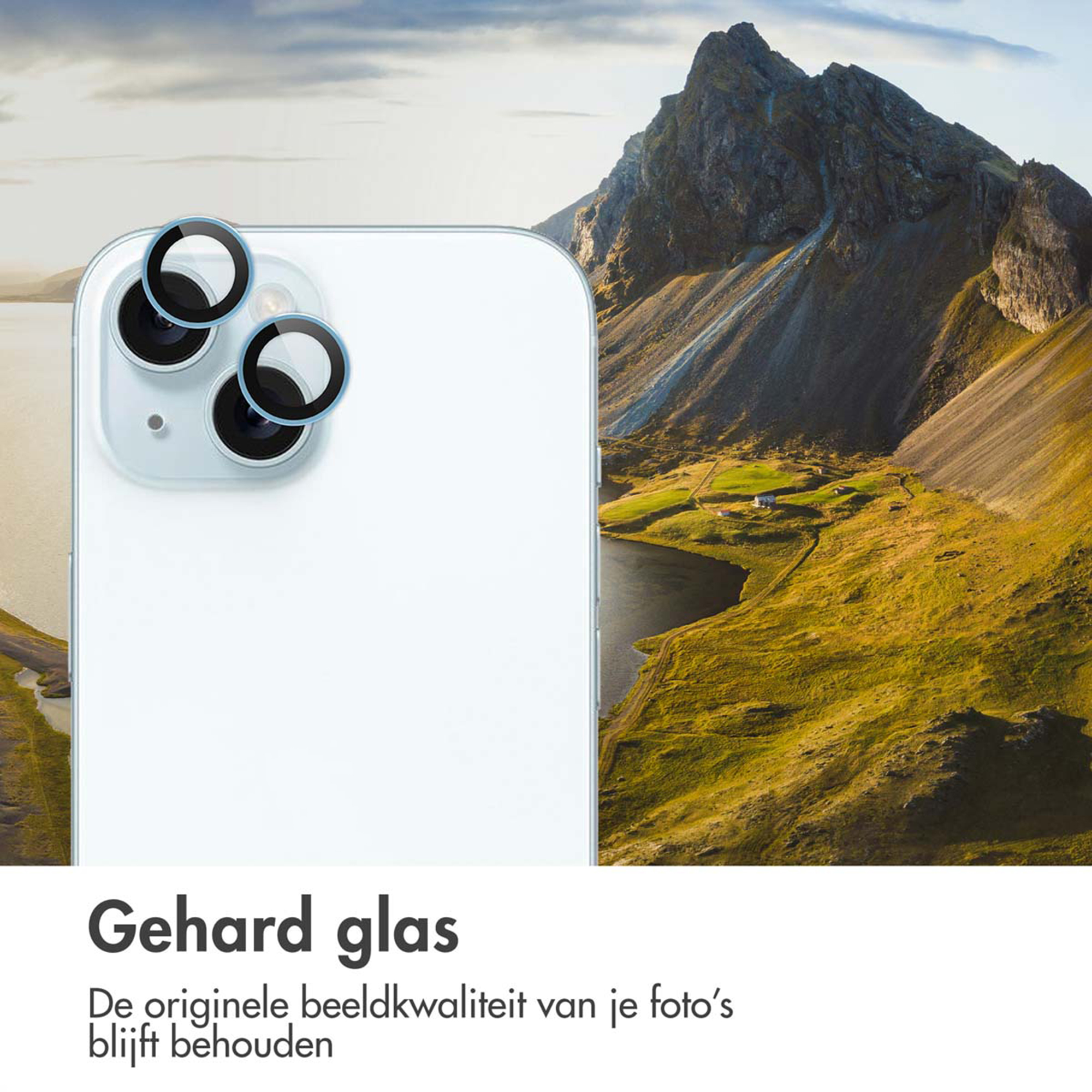iPhone with protective glass in front of mountain landscape with lake.