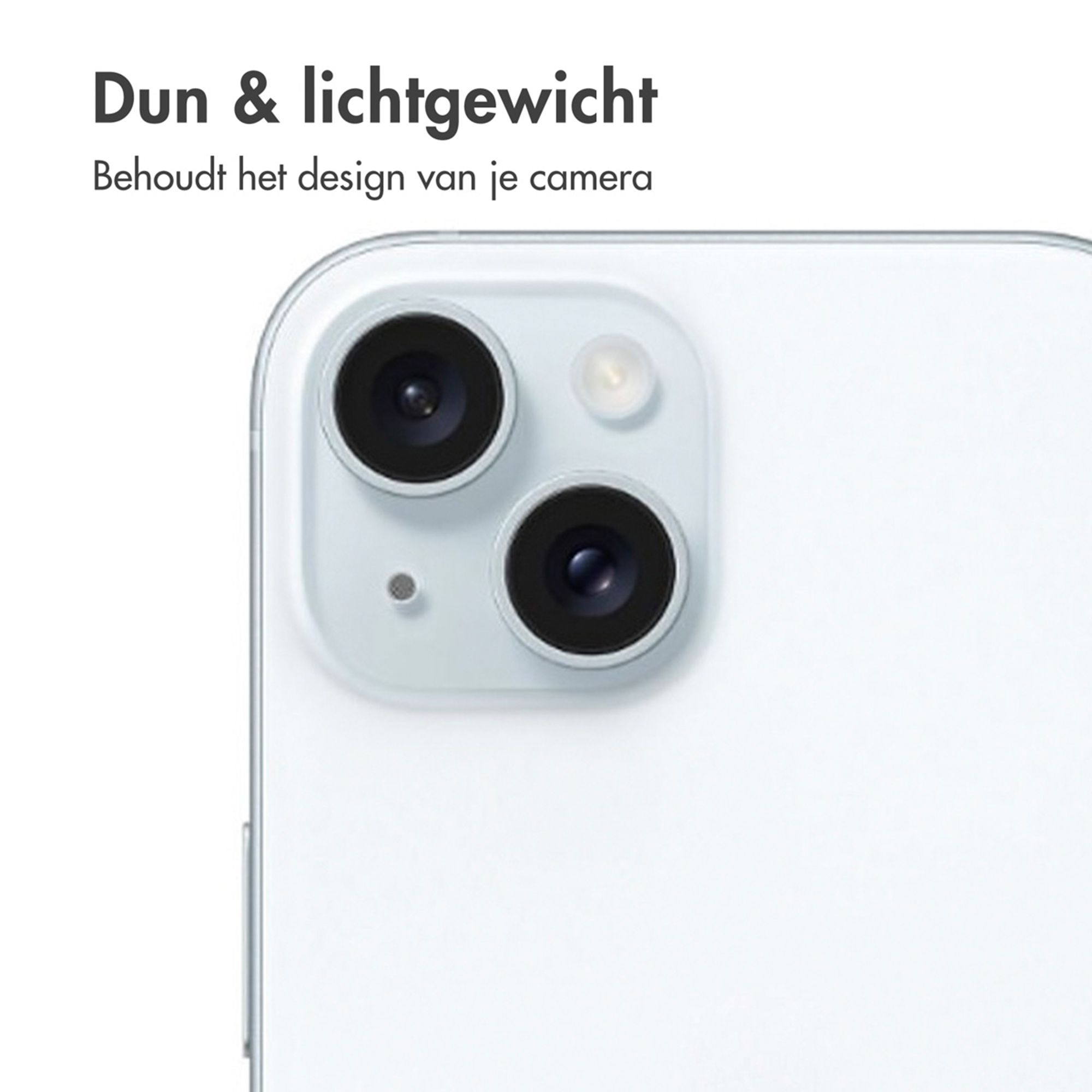 Close-up of a white smartphone's dual camera lens with text.