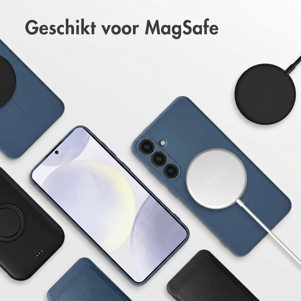Blauwe en zwarte telefoonhoesjes met MagSafe-laders op witte achtergrond.